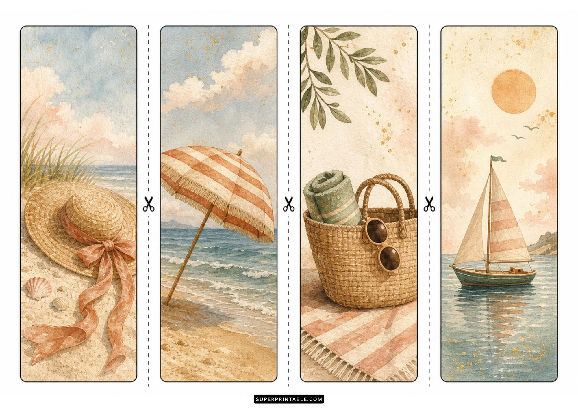 Watercolor seaside resort bookmarks showing a straw sun hat, beach umbrella, tote bag, and sailboat on water.