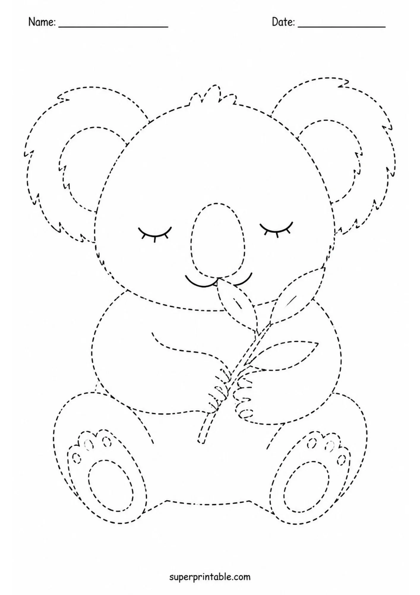 Printable black line tracing sheet of a seated sleeping koala holding a small eucalyptus stem near its face, with detailed foot paw outlines.