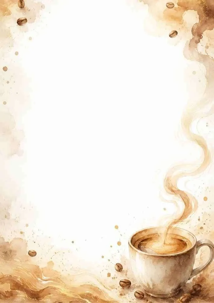A cozy writing page featuring a steaming cup of coffee with swirling steam and scattered coffee beans in a warm brown watercolor wash border.