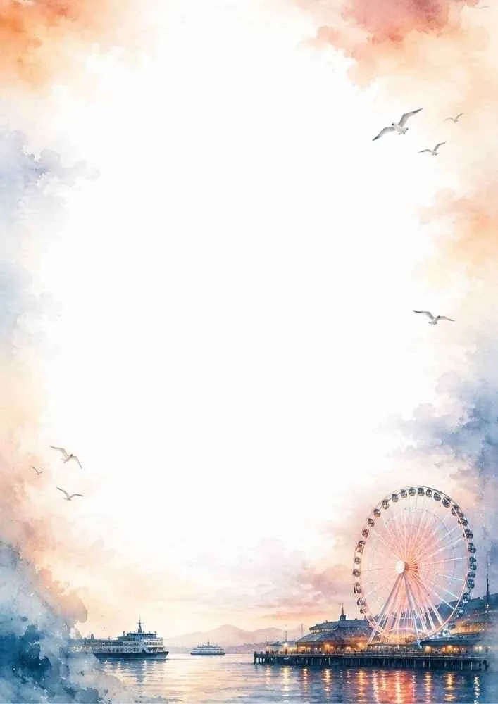 A warm orange and blue writing page featuring the Seattle Great Wheel on a pier at sunset, with ferries sailing on the water and seagulls flying overhead.