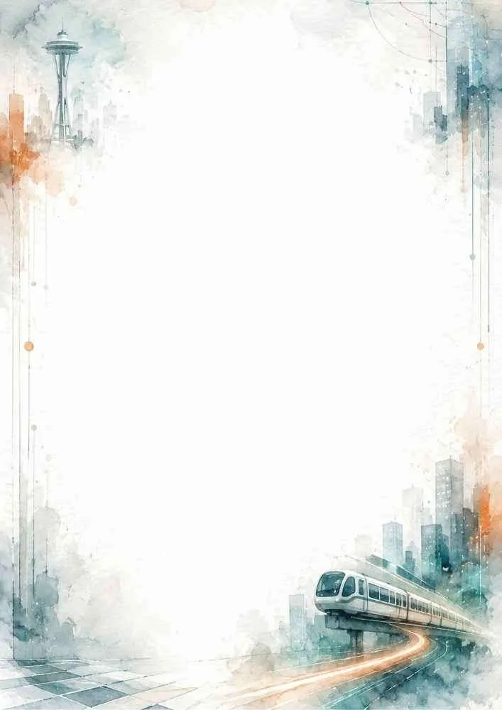 A modern writing page featuring the Seattle Monorail traveling on elevated tracks through high-rise buildings and the Space Needle in a cool teal watercolor wash.