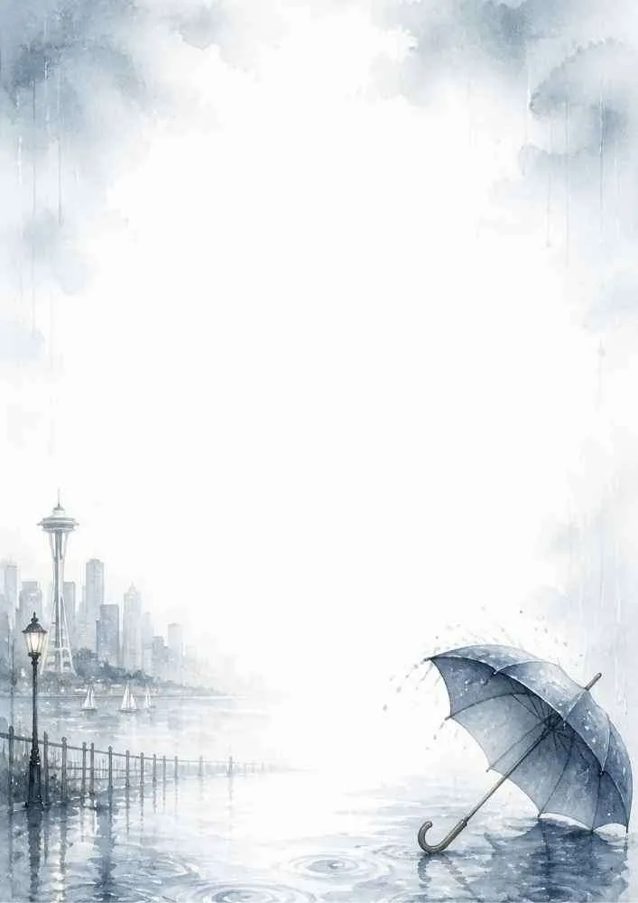 An atmospheric writing page with an open grey umbrella sitting in a puddle under dark rain clouds, with the Seattle skyline and Space Needle in the distance.