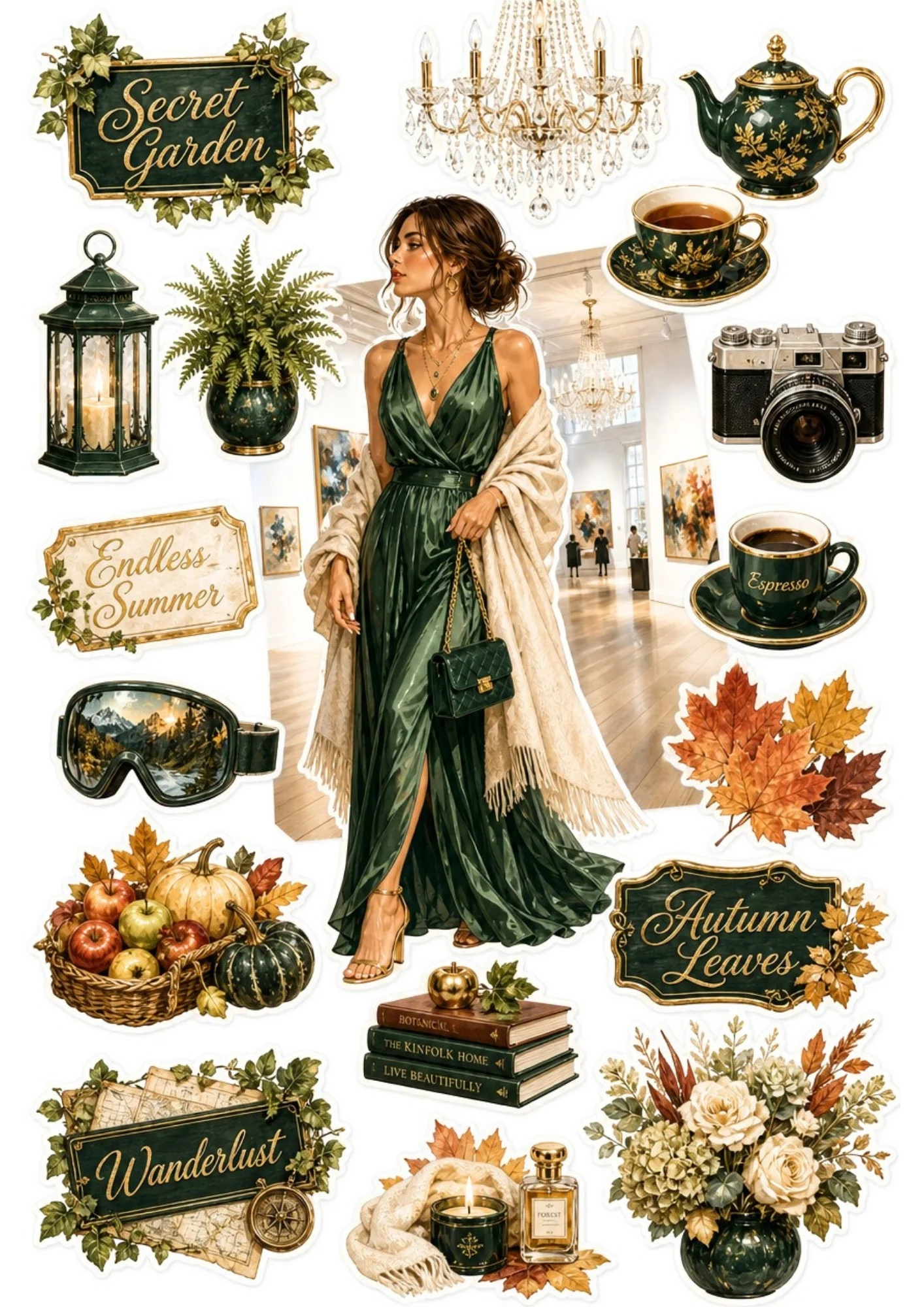 A printable fall sticker sheet depicting a woman in an emerald silk dress inside an art gallery, surrounded by green lanterns, chandeliers, baskets of apples, and classic books.