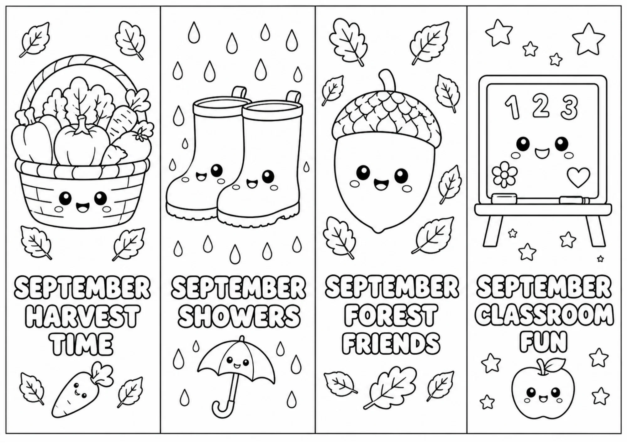 Four outline coloring bookmarks showing a harvest vegetable basket, yellow rain boots with umbrella, large forest acorn, and classroom chalkboard with apple.