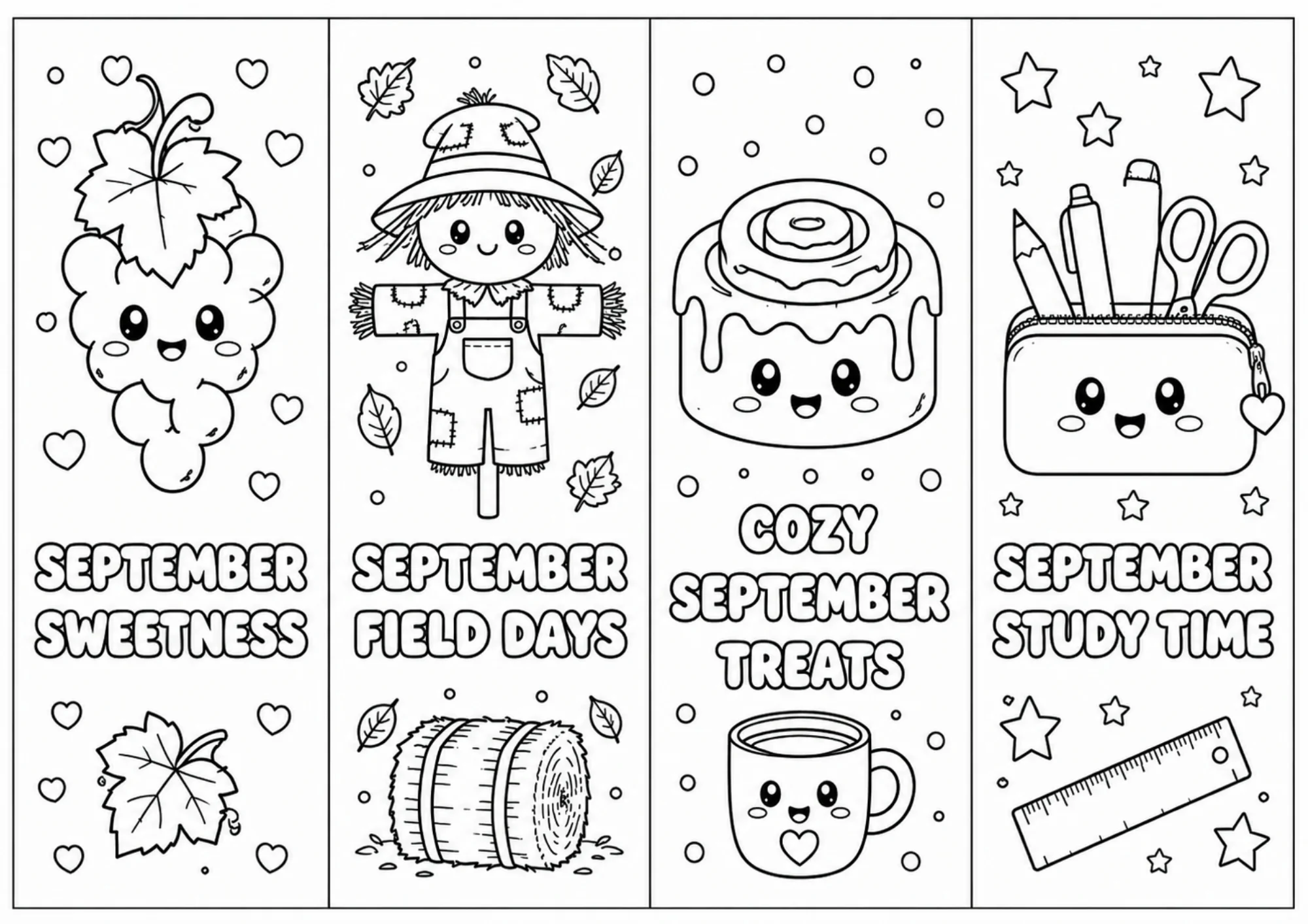 Black and white outline printable bookmarks with a cute grape cluster, scarecrow, cinnamon roll with coffee mug, and student pencil case for coloring.