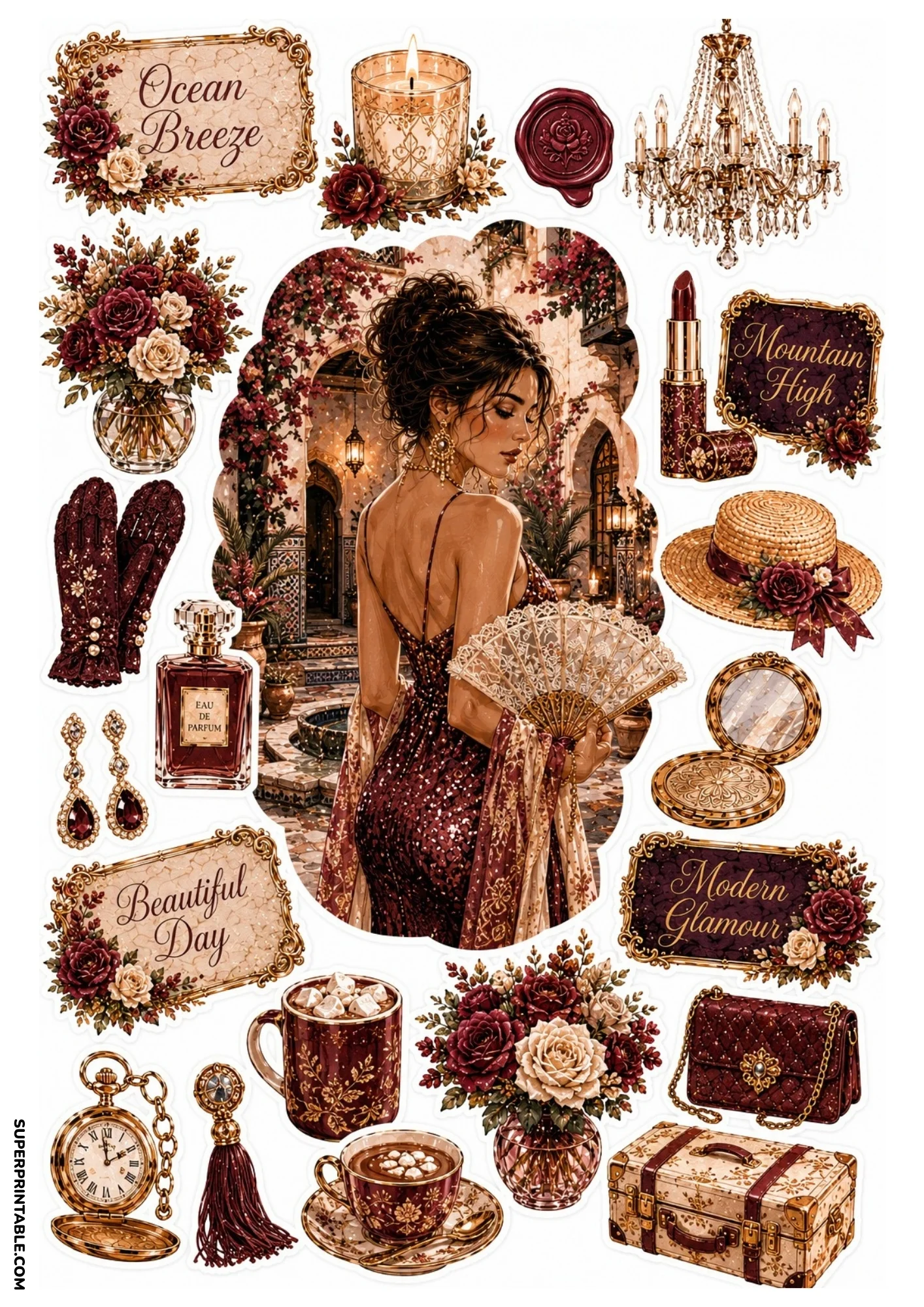 Printable sticker sheet showing a woman in a burgundy sequin dress holding a lace fan, accompanied by a crystal chandelier, pocket watch, and hot chocolate mugs.