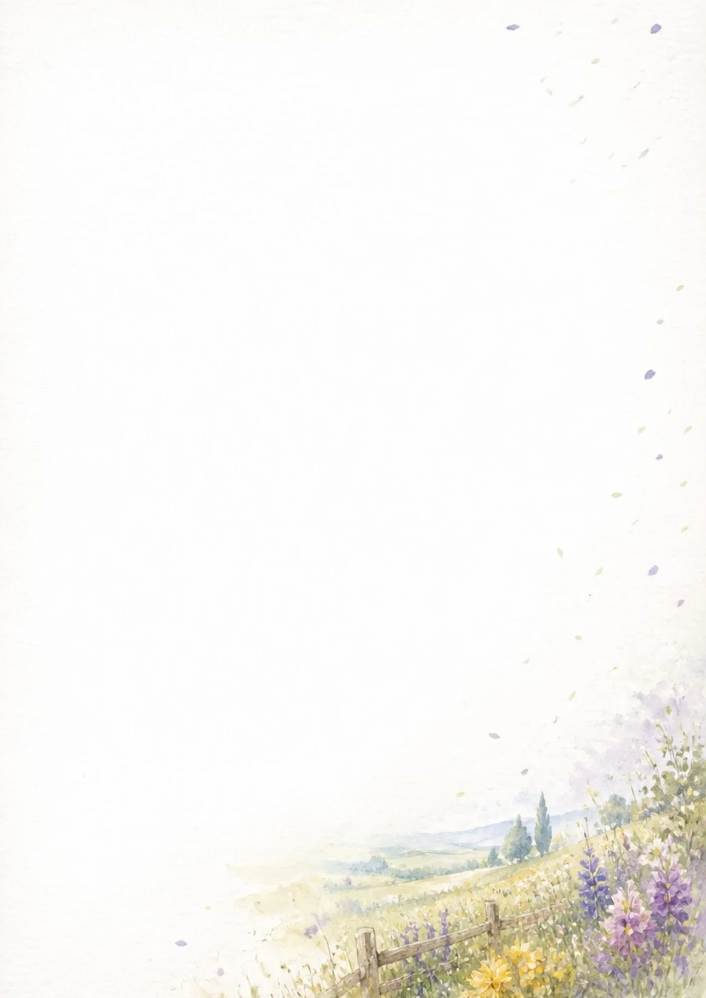 Watercolor illustration of a green rolling hill with a wooden fence and purple and yellow wildflowers in the bottom right of a blank writing sheet.