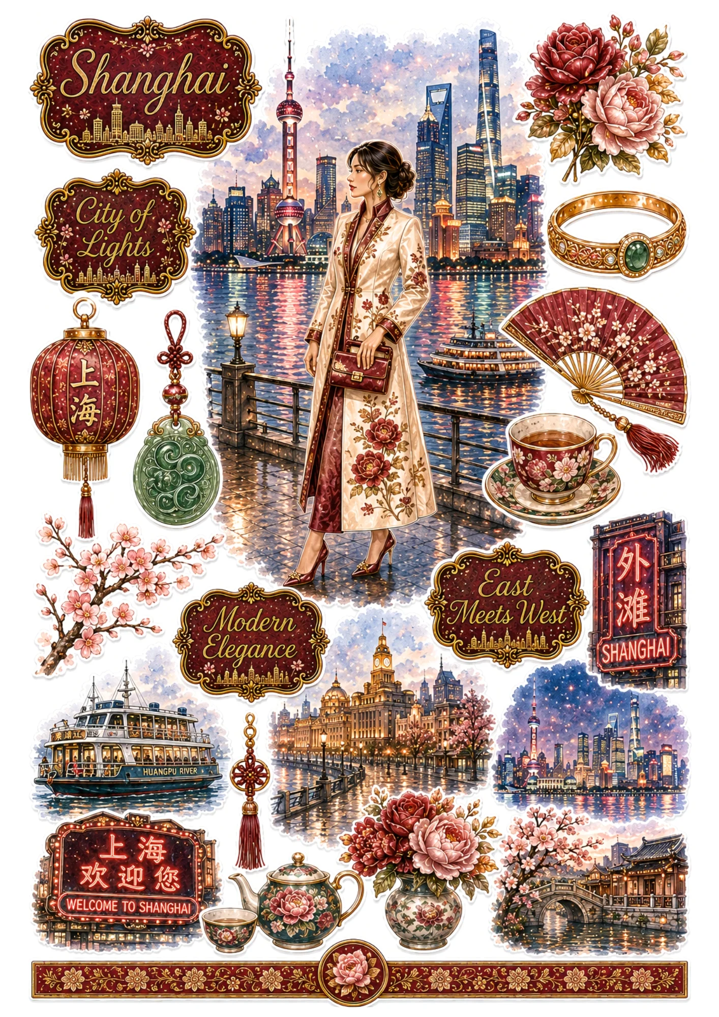 Shanghai sticker collection featuring a woman in an embroidered coat on The Bund overlooking Oriental Pearl Tower and Huangpu river.