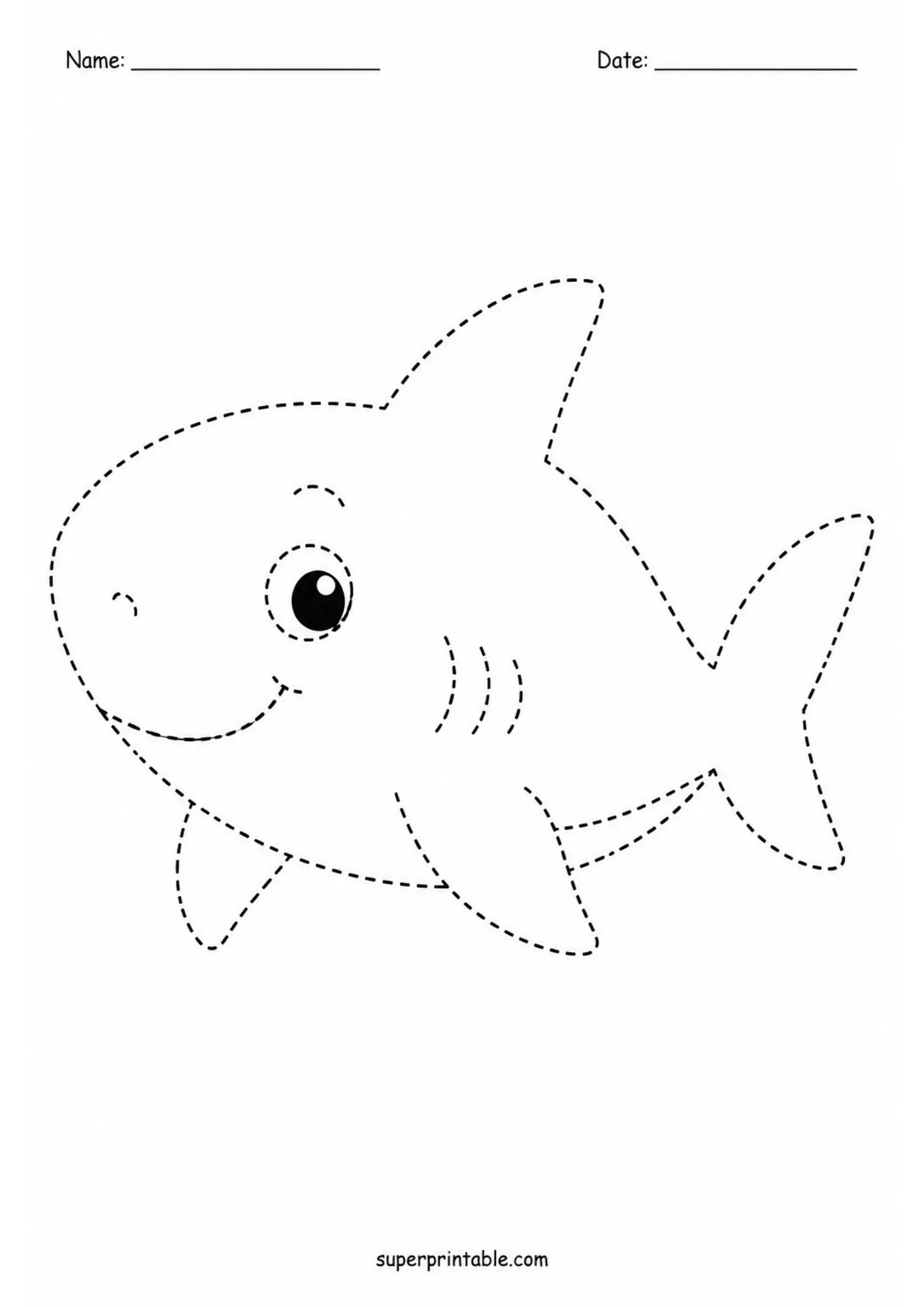 Friendly shark line tracing worksheet with dashed lines and fins on a white background.