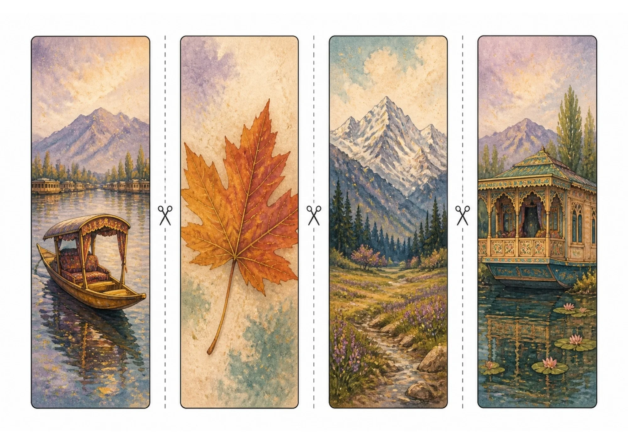 Printable sheet of four watercolor bookmarks featuring a wooden Shikara boat on Dal Lake, an autumn Chinar leaf, a snow peak meadow, and an ornate Kashmiri houseboat with lotus flowers.