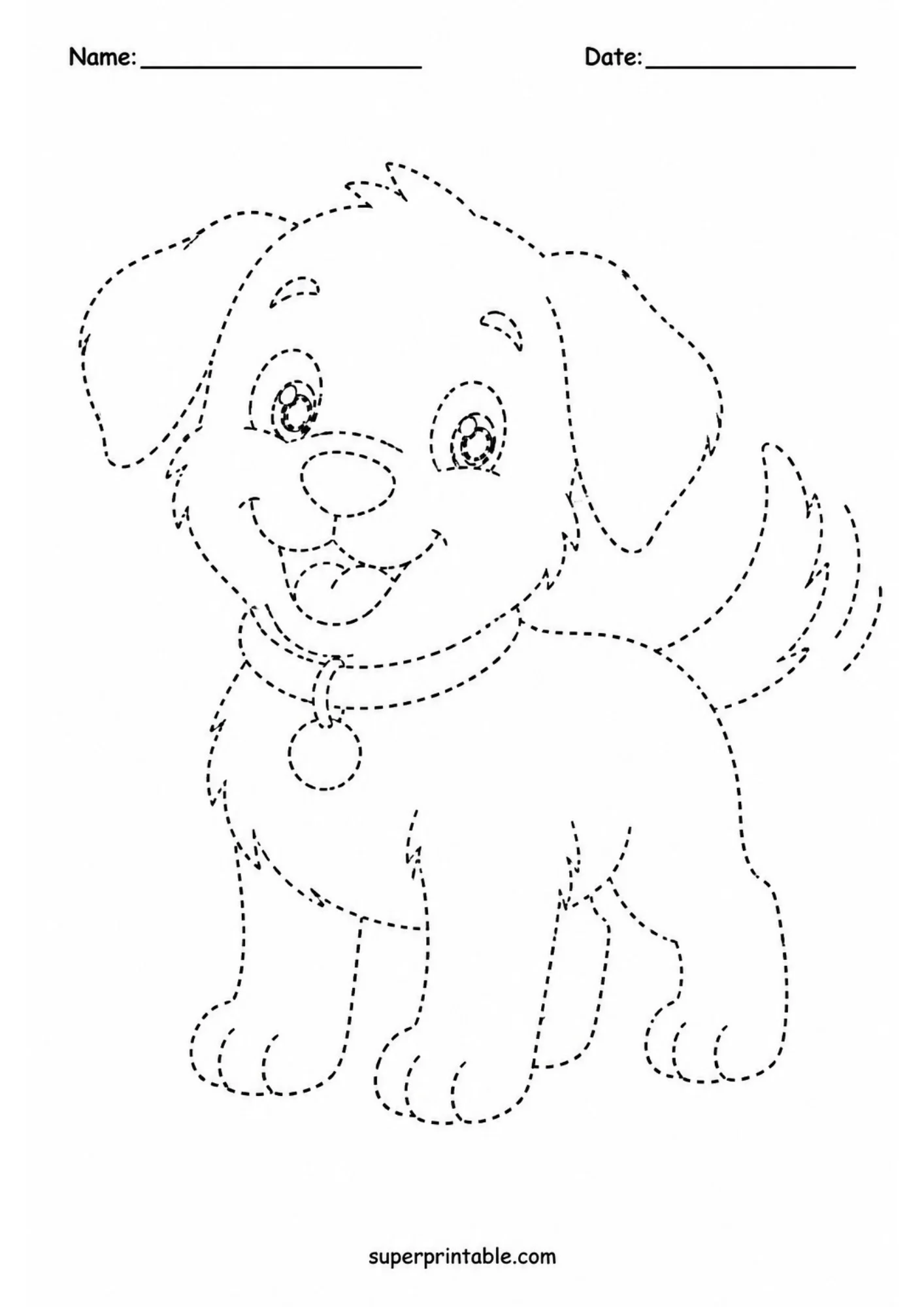 Dotted line tracing printable featuring a happy puppy standing in side profile with tongue sticking out and fluffy tail wagging.