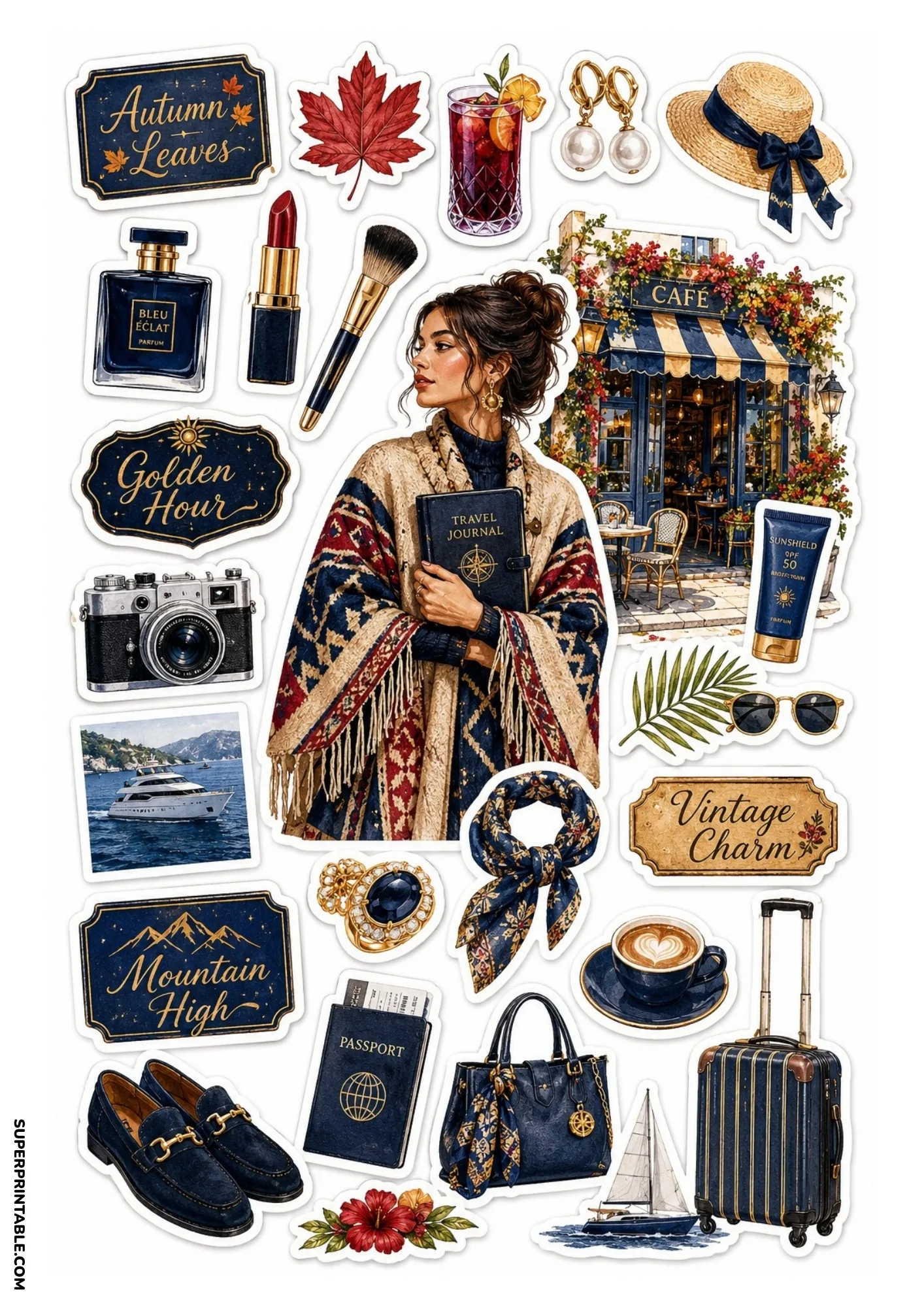 Printable sticker sheet depicting a woman outside a blue French café, flanked by navy blue travel stickers including a yacht photograph, passport cover, navy suitcase, and coffee cup.