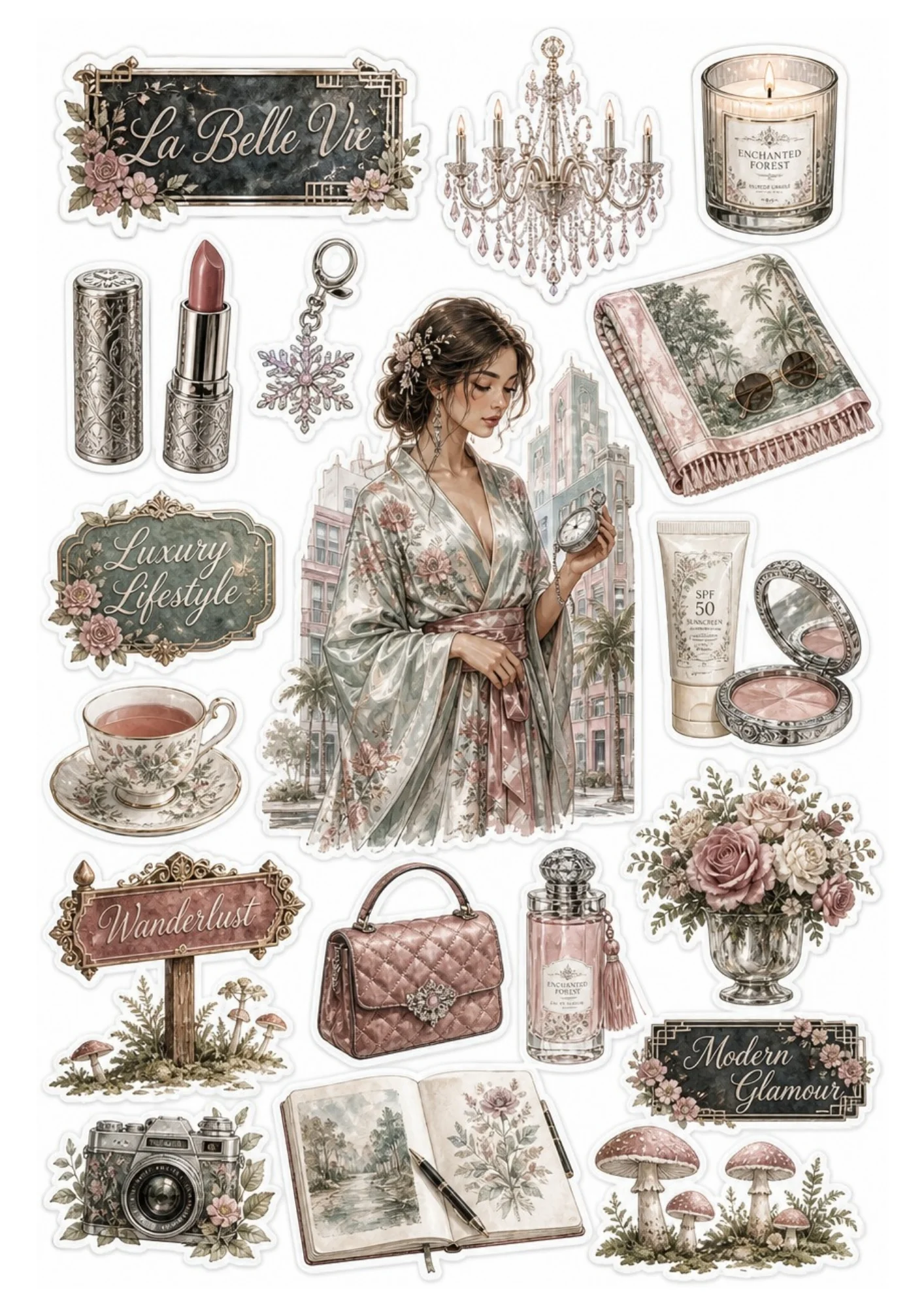 Printable stickers centered on a woman in a kimono with botanical sketchbooks.
