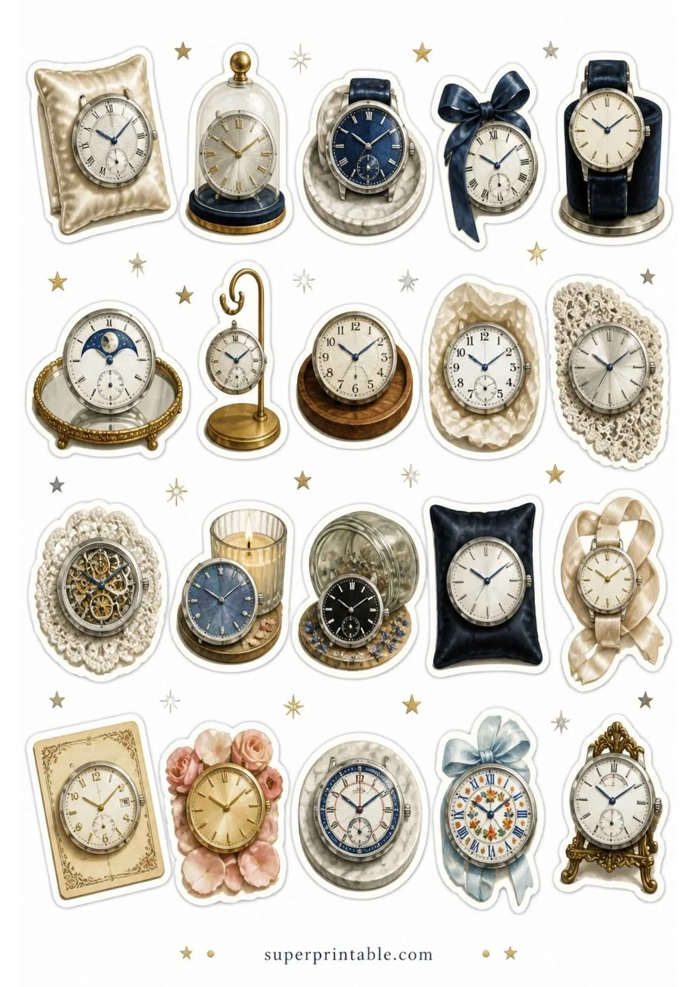 A sheet of printable stickers featuring silver watches with white dials and bright blue hands, navy ribbons, and moon phase designs.