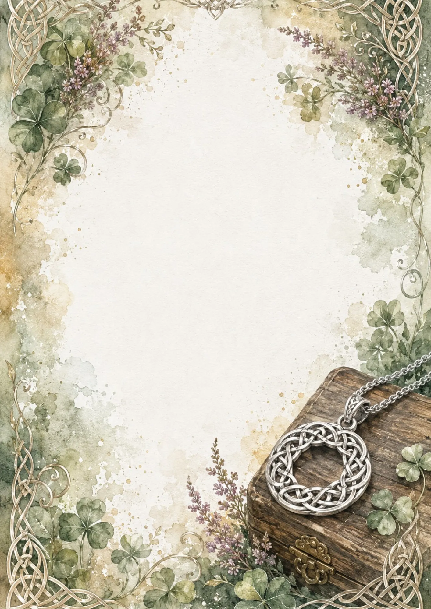 A classic writing page featuring an ornate silver circular Celtic knot pendant resting on a wooden box, surrounded by shamrocks.