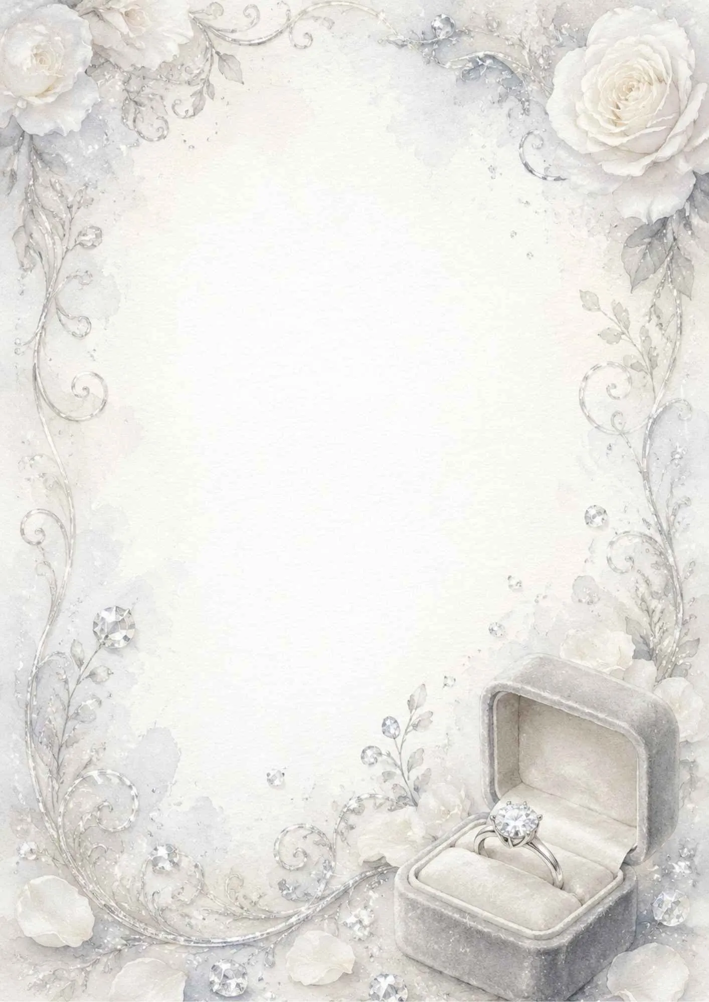 A watercolor writing page featuring a round brilliant-cut diamond engagement ring in an open grey velvet box, surrounded by white roses and silver scrolls.