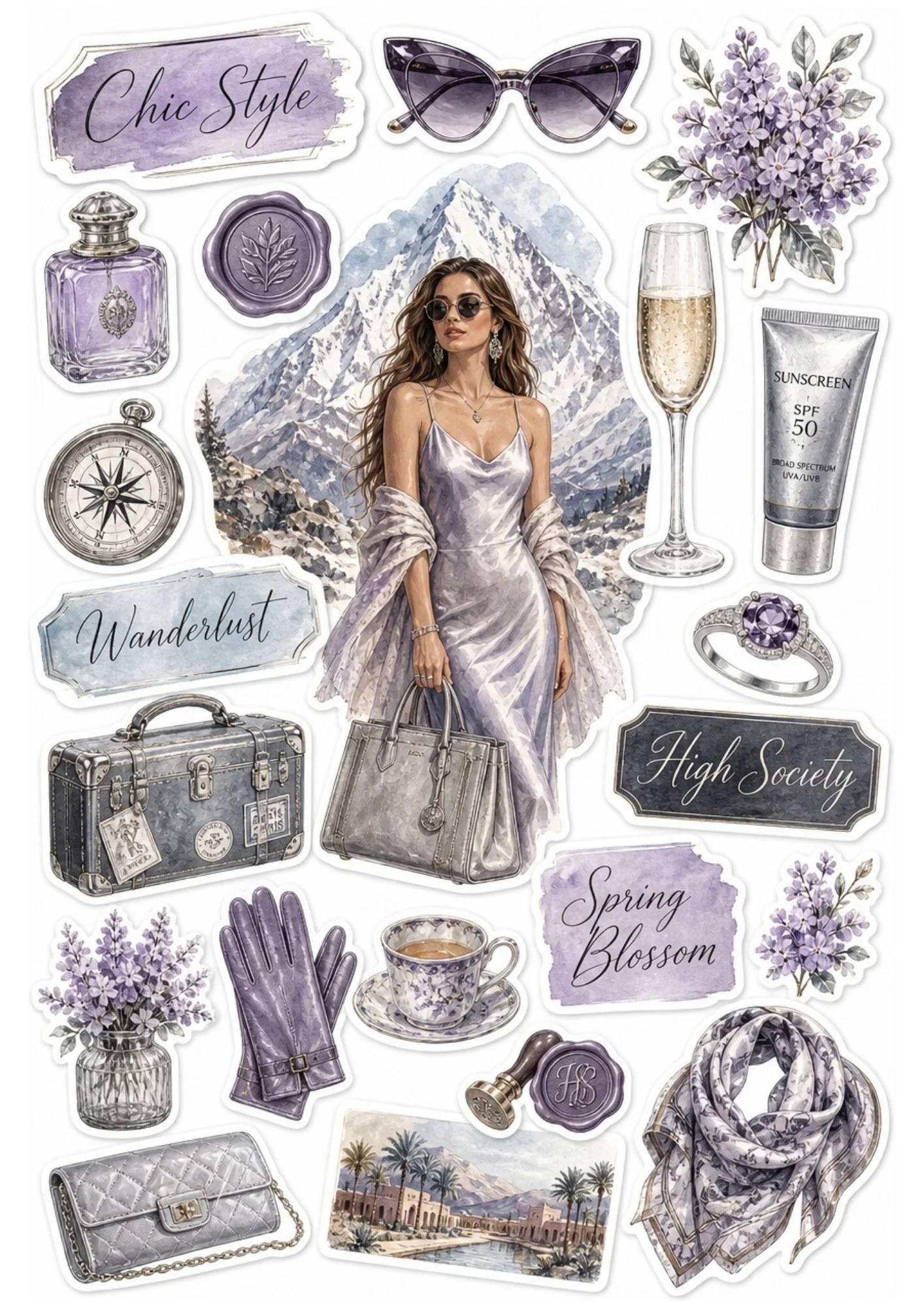Printable sticker sheet showing a woman in a silver slip dress against snowy peaks, vintage grey trunk, purple gloves, lilac flowers, and champagne glass.