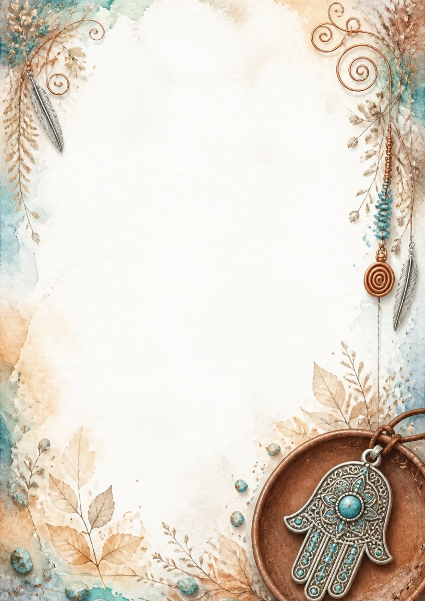 A bohemian writing page featuring a silver Hamsa hand pendant with a central turquoise stone, resting on a wooden tray with feathers.