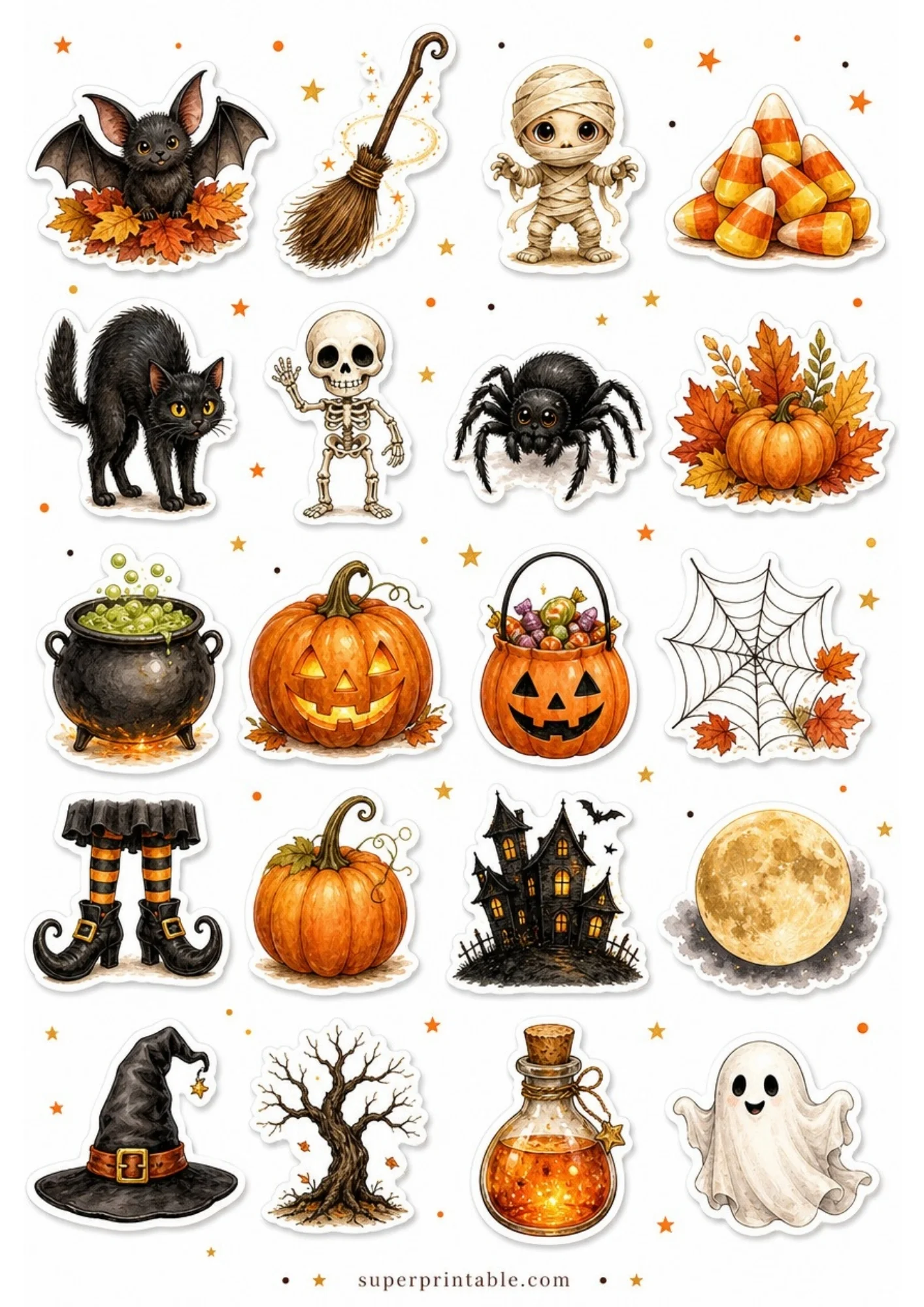 A page of twenty bold watercolor Halloween icon stickers showing jack-o-lanterns, skeletons, potion jars, spiders, ghosts, and witch broomsticks.