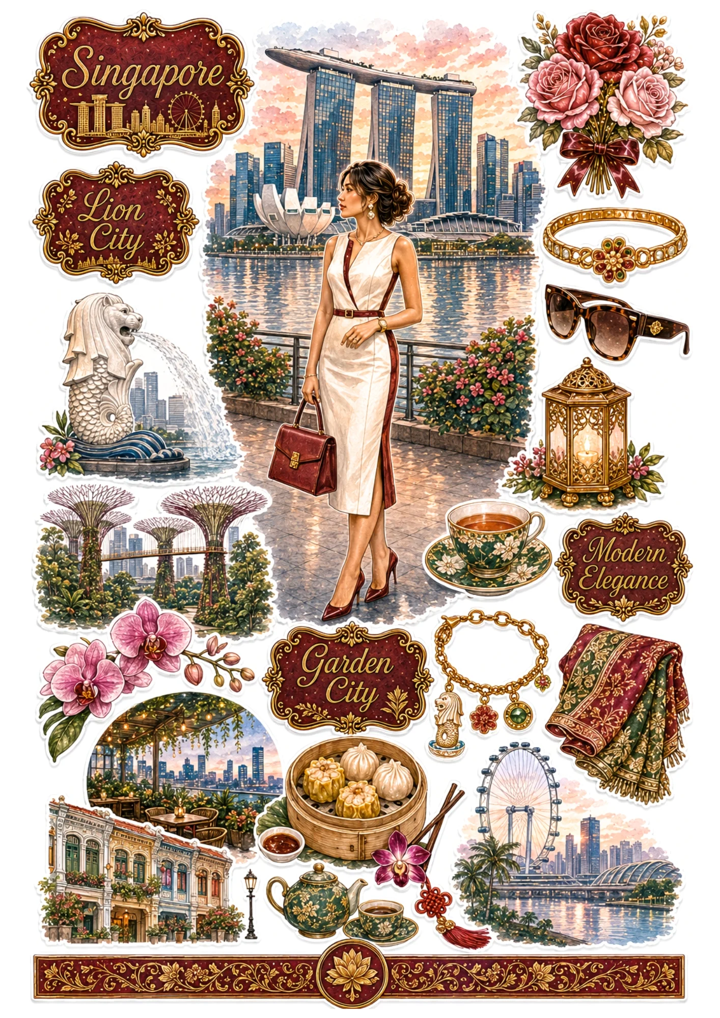 Singapore sticker collection showing a woman in a white sheath dress at Marina Bay Sands, Merlion, Gardens by the Bay, and dim sum.