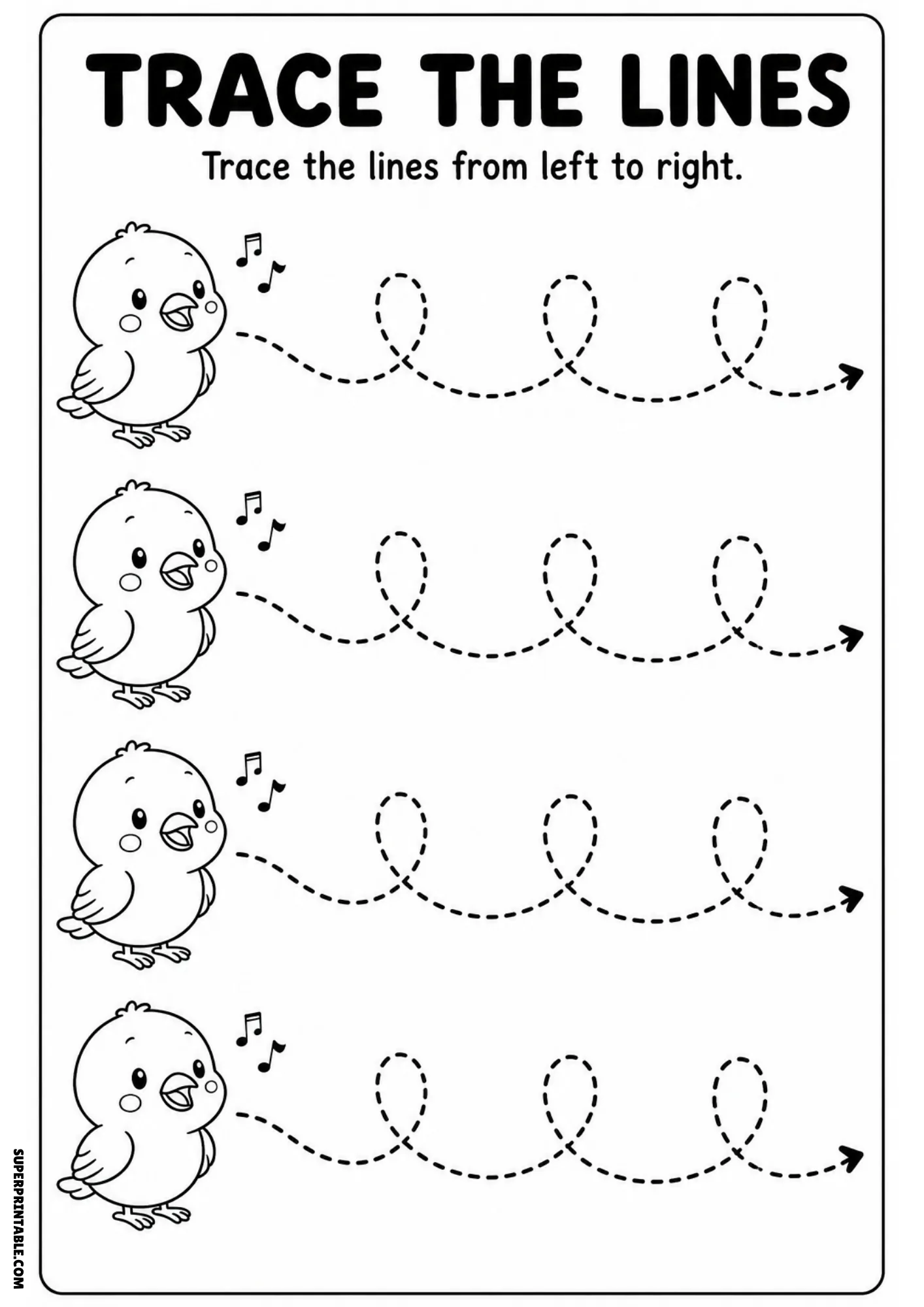 Black and white line tracing worksheet with four singing cartoon chicks and looping spiral dashed lines.