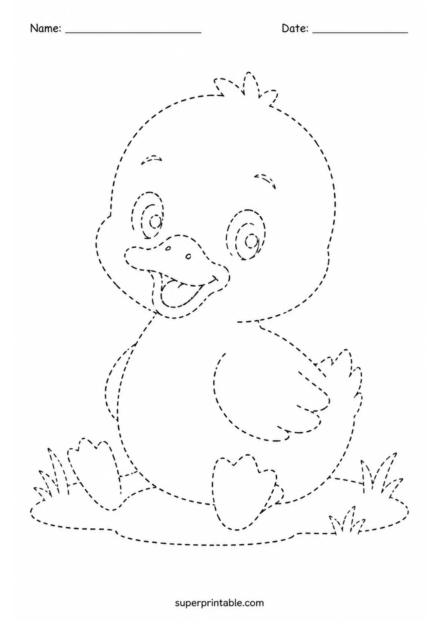 Black and white tracing page of a smiling cartoon baby duckling sitting on a patch of grass drawn with dashed line art.
