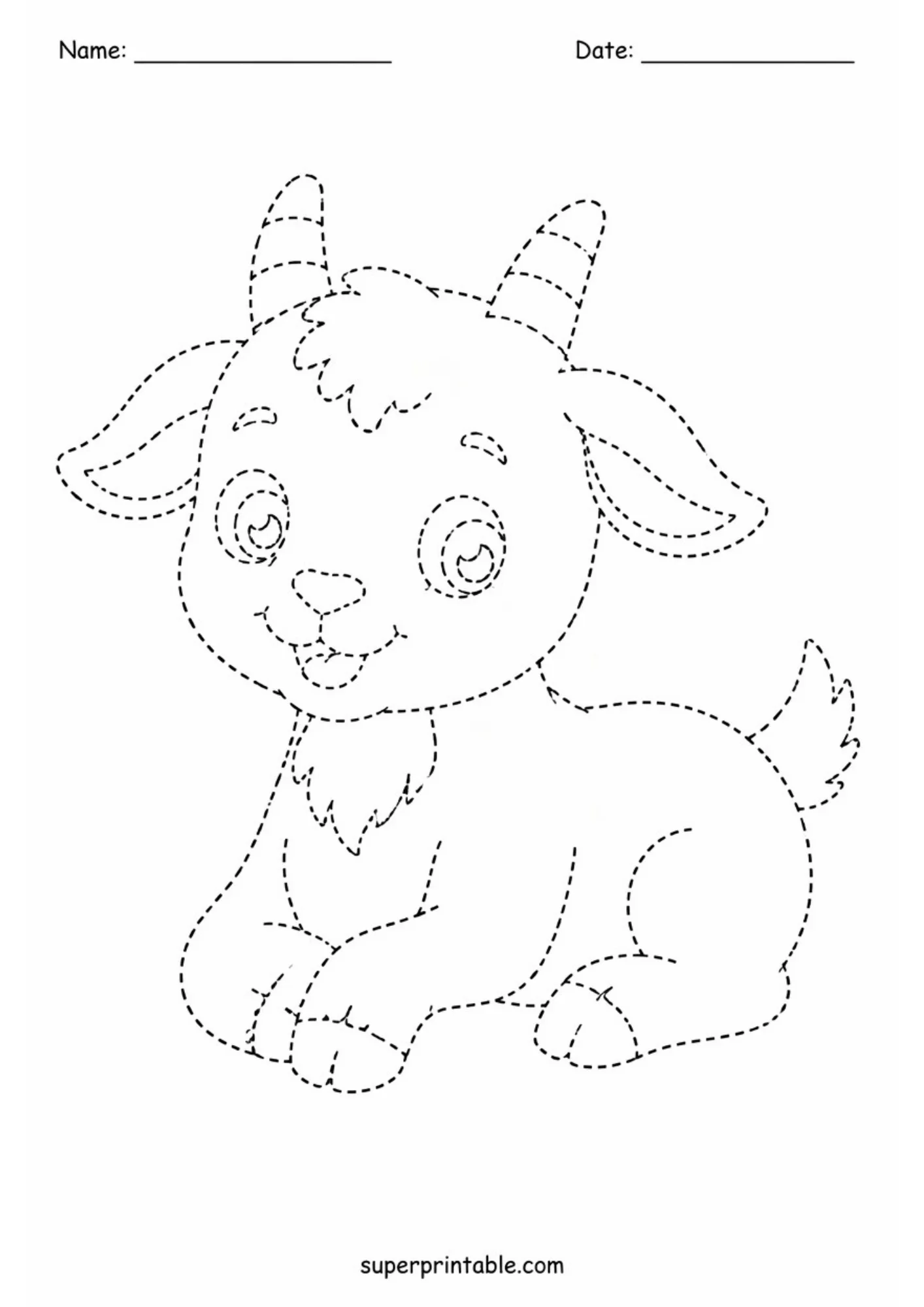 Printable black line art activity sheet showing a cute baby goat kid sitting down with large eyes and dashed tracing lines, plus Name and Date header lines.