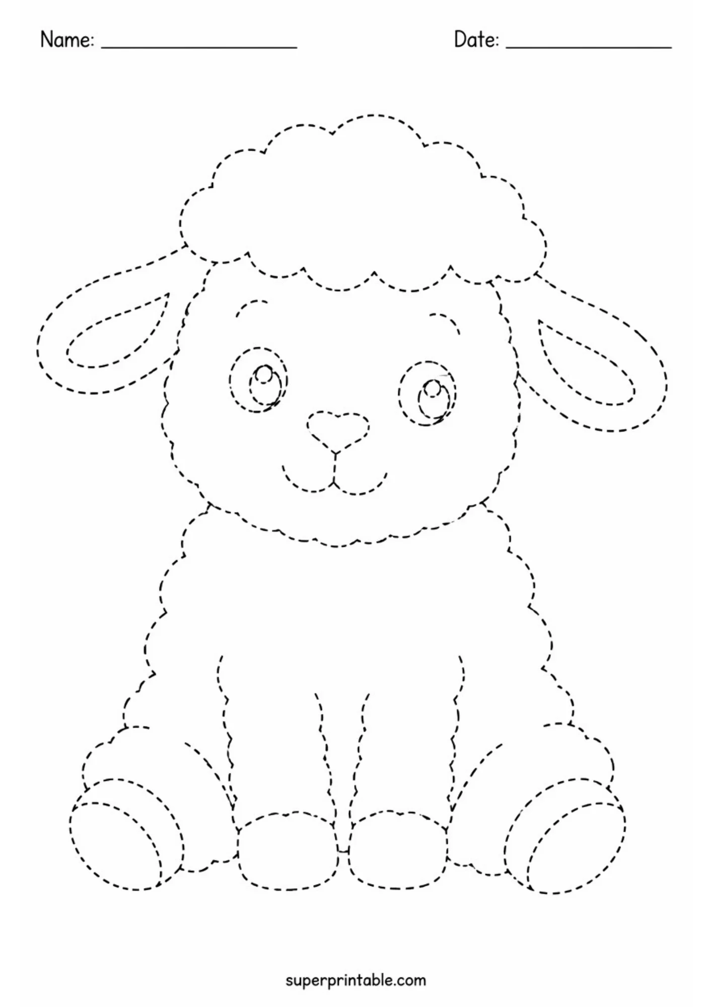 A black and white printable tracing sheet featuring a cartoon baby lamb sitting down with dashed outlines, large round eyes, and heart shaped nose.