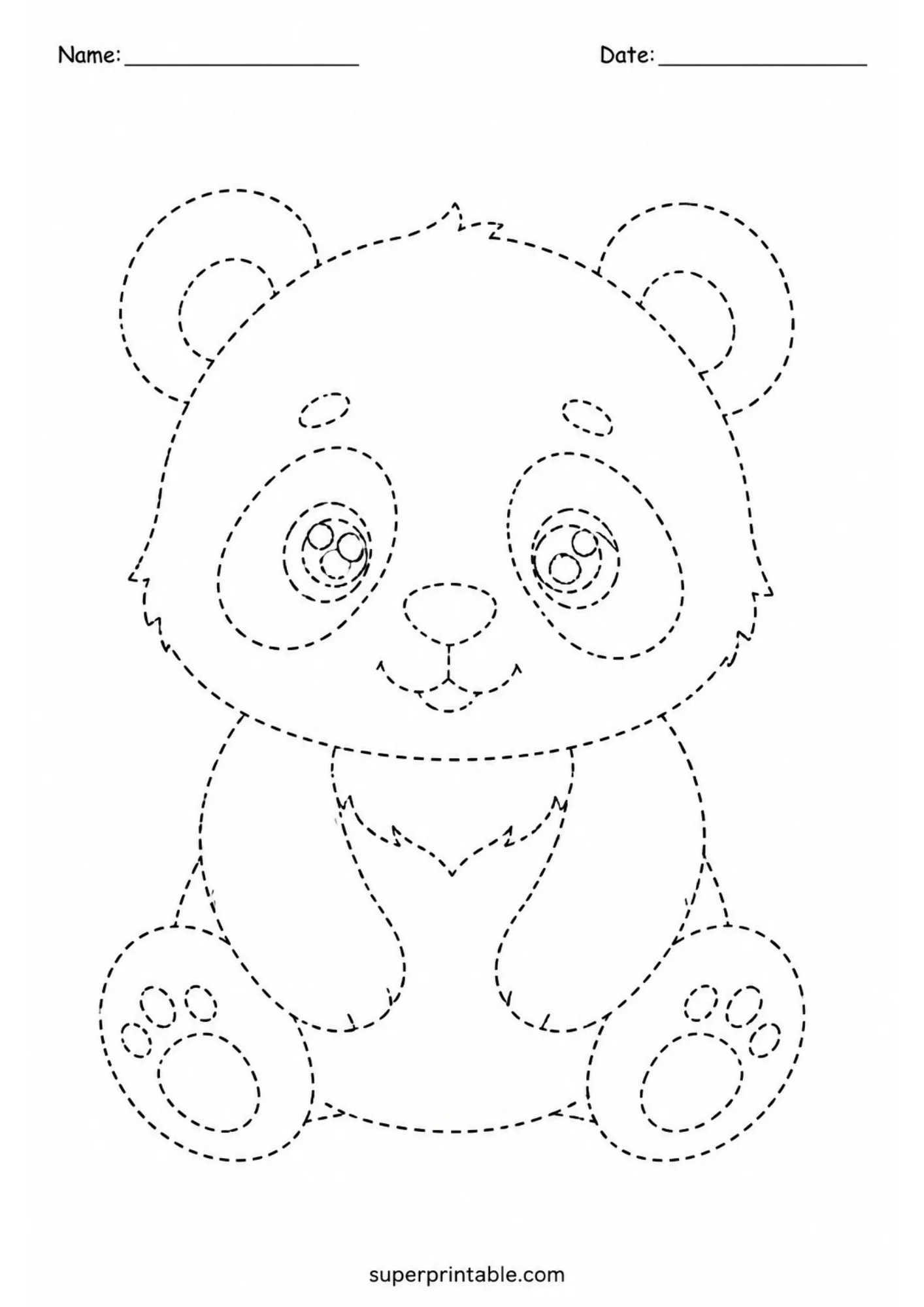Dotted line art tracing worksheet of a cute baby panda cub sitting upright with Name and Date header lines at the top.