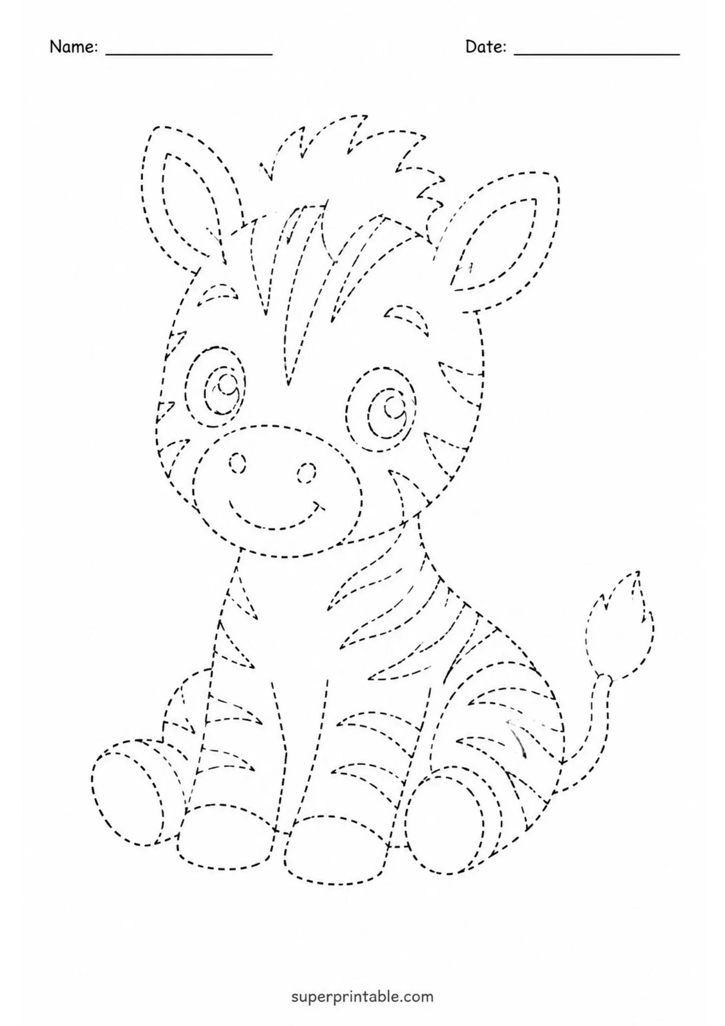 Printable line tracing worksheet of a cute sitting baby zebra foal facing forward with big eyes and a smile, detailed with dashed tracing outlines.