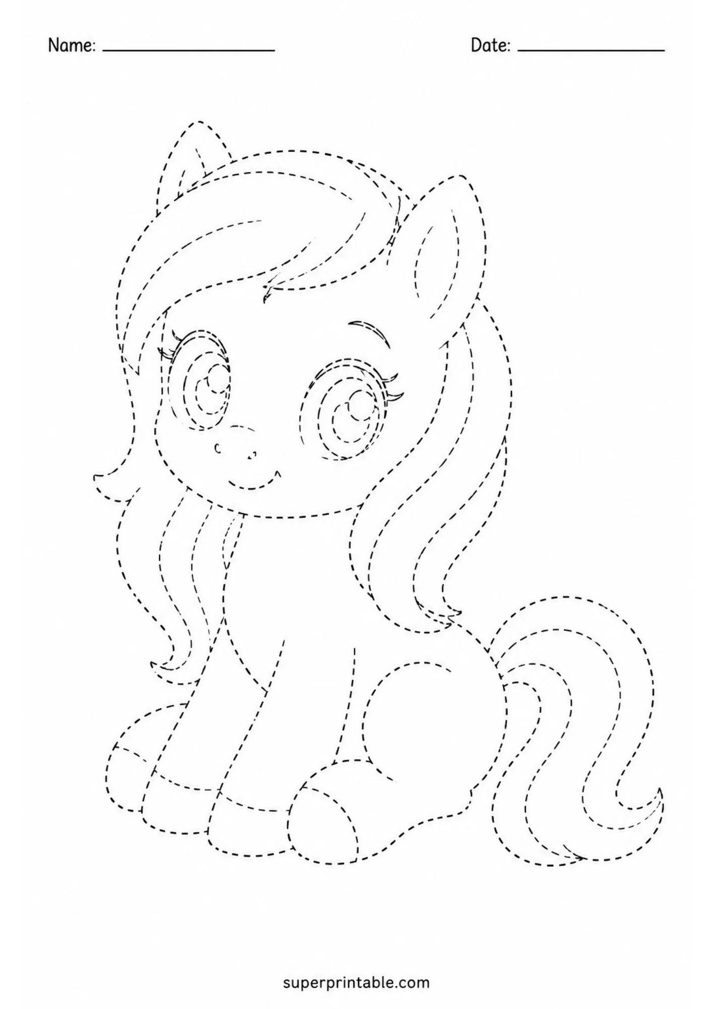 Black dashed line art printable page featuring a sitting cartoon pony with large eyes, a wavy mane, and curved tail for fine motor tracing practice.