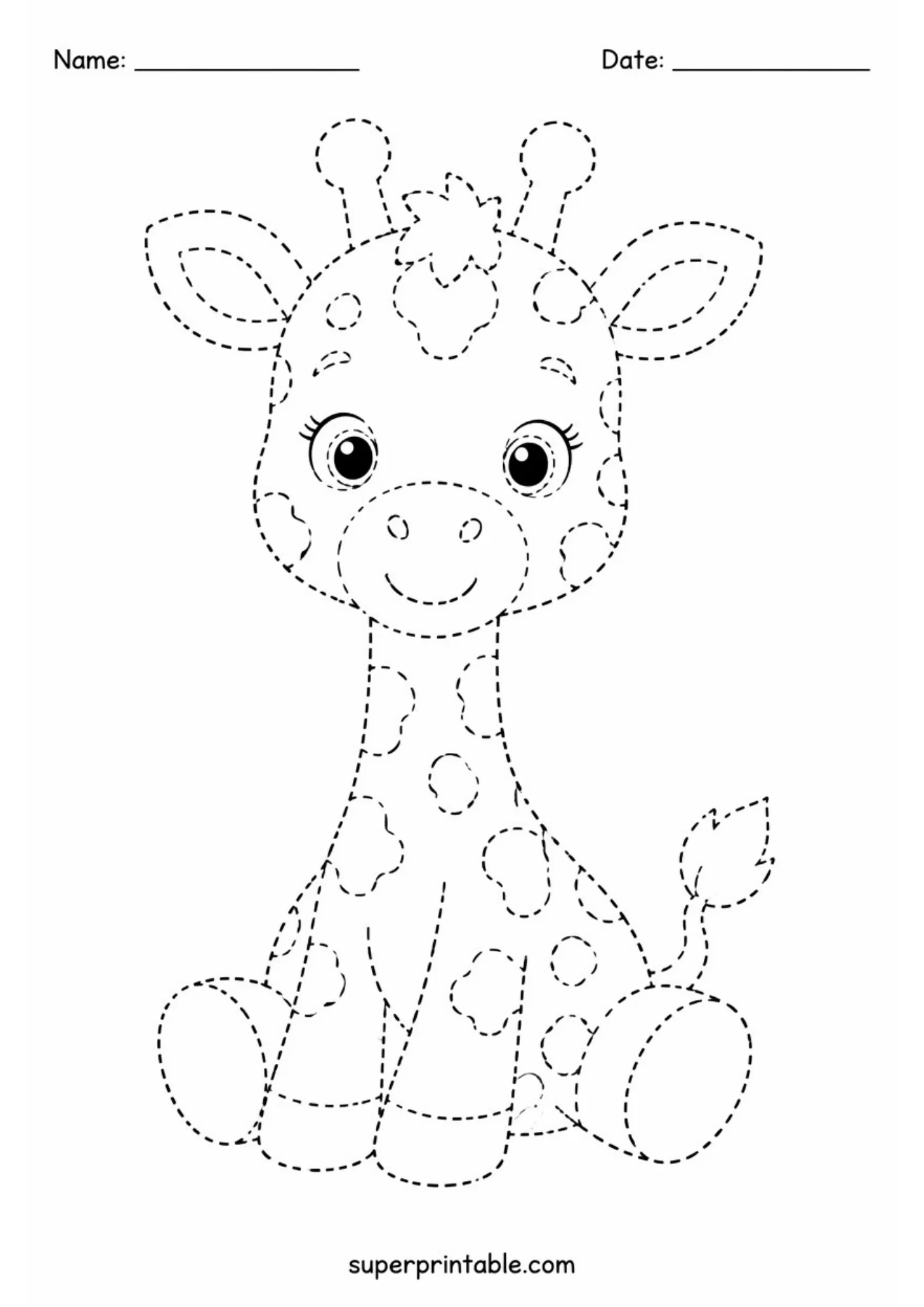 Black dashed line tracing page of a cute baby giraffe calf sitting upright with large round eyes, spotted fur, small horns, and top Name and Date header lines on white background.