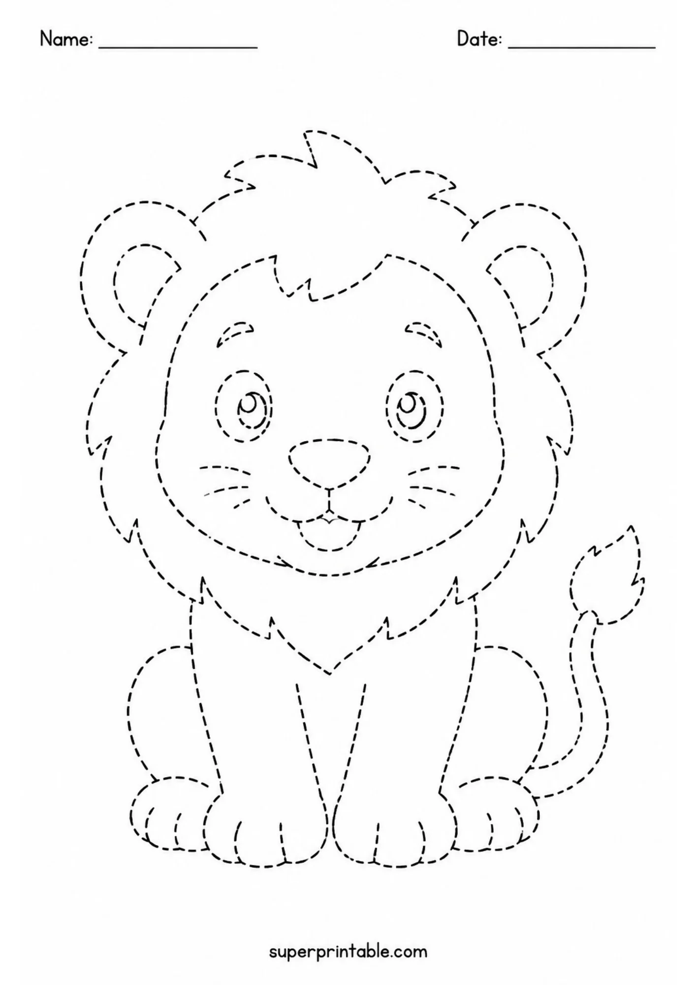 Printable black and white tracing worksheet featuring a dotted line drawing of a cute sitting lion cub with round ears, fluffy mane, and curved tail.