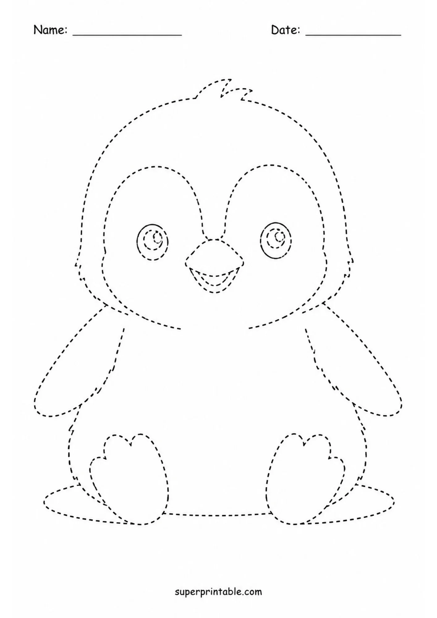 Dotted line art printable activity sheet showing a chubby baby penguin sitting on a small ground patch with webbed feet forward and Name and Date header lines.