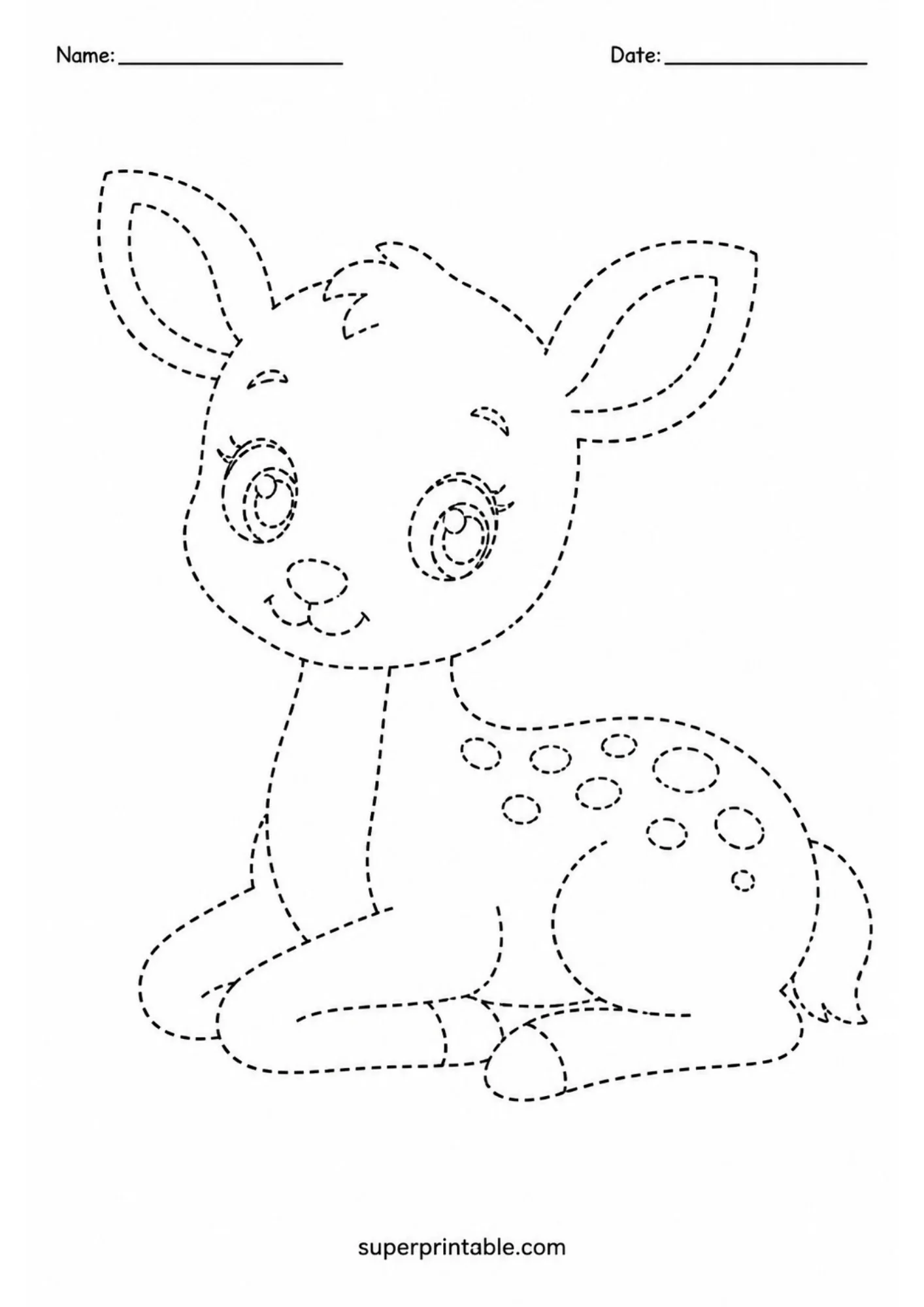Dashed line tracing worksheet featuring a cute cartoon baby fawn sitting down with folded legs, large rounded eyes, and spots on its back.