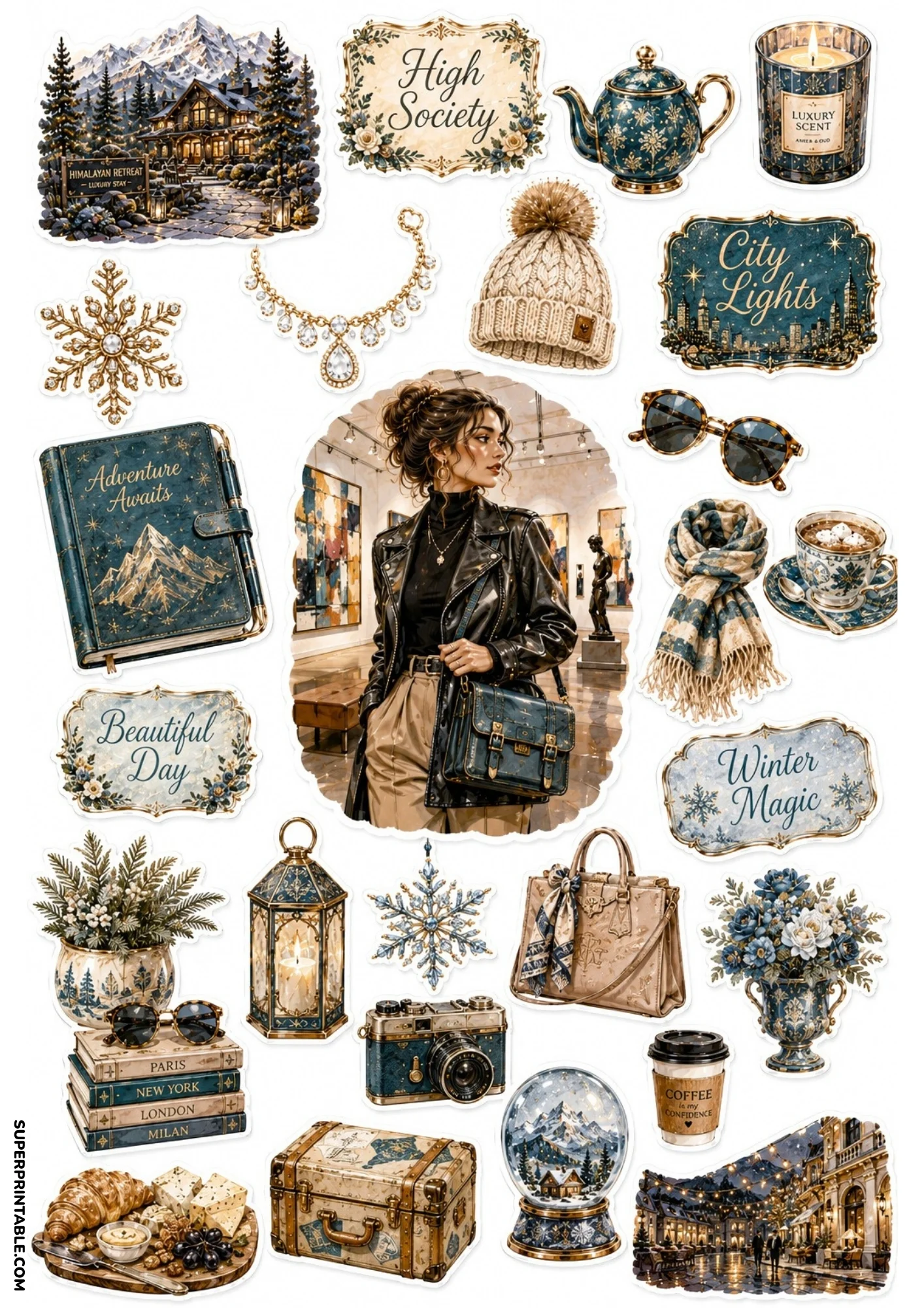 Printable sticker sheet with slate blue and teal artwork depicting a woman in a leather jacket, leather journal, snow globe, croissants, and travel books.
