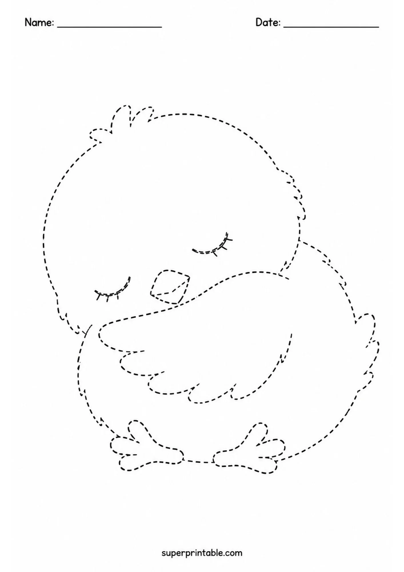Black line art tracing worksheet depicting a sleeping baby chick with closed eyelashes and wing tucked in, featuring dashed outlines.