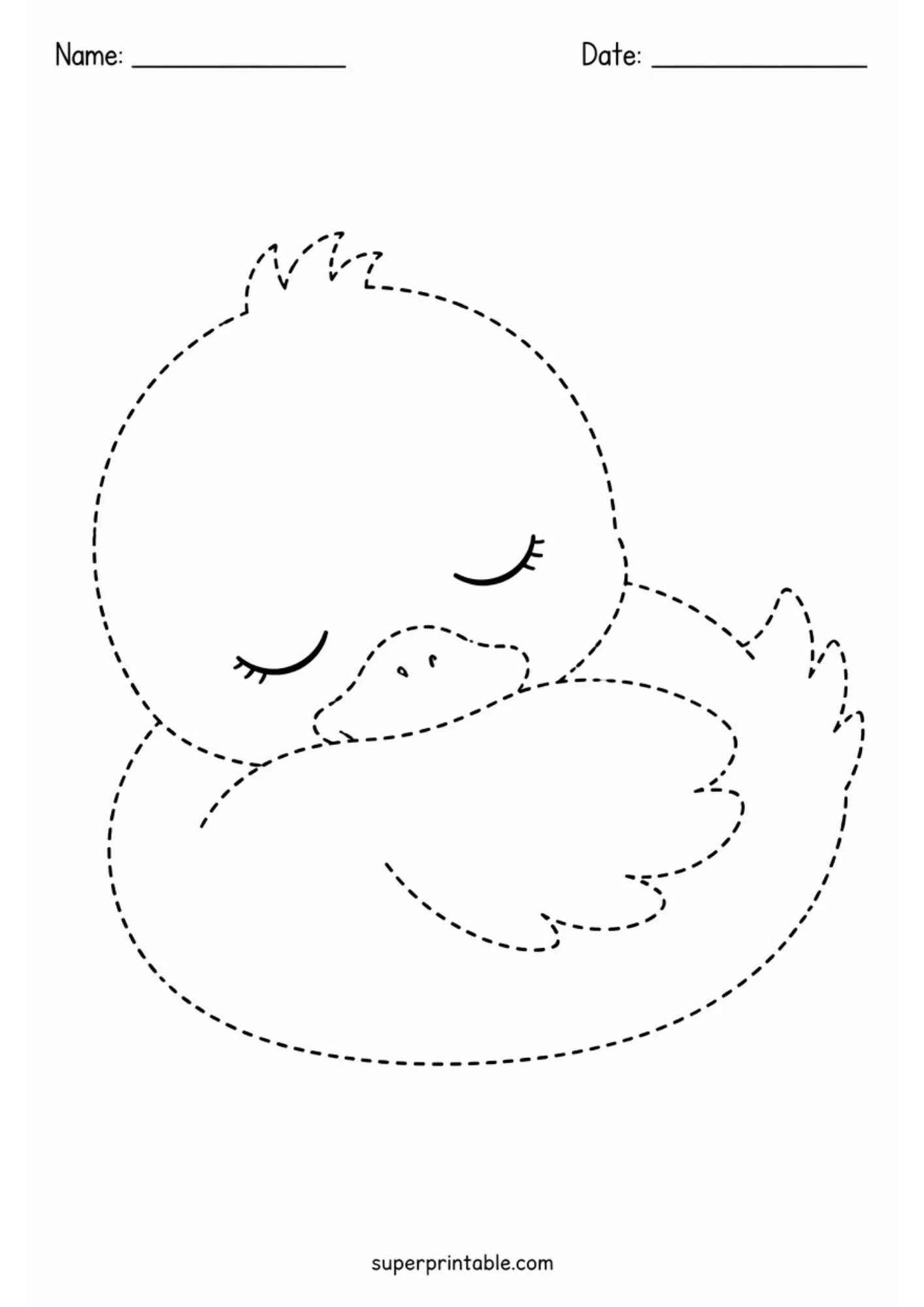 Black and white dashed line tracing printable showing a baby duckling resting peacefully curled up with closed eyes and eyelashes.