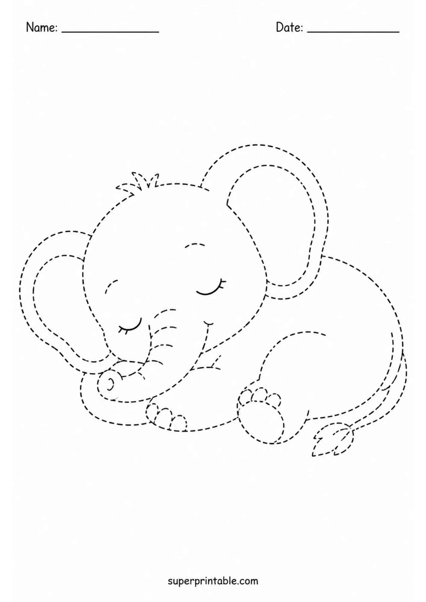 Fine motor tracing worksheet featuring a sleeping cartoon baby elephant curled up on its side with closed eyes and eyelashes. Dashed black and white line art.