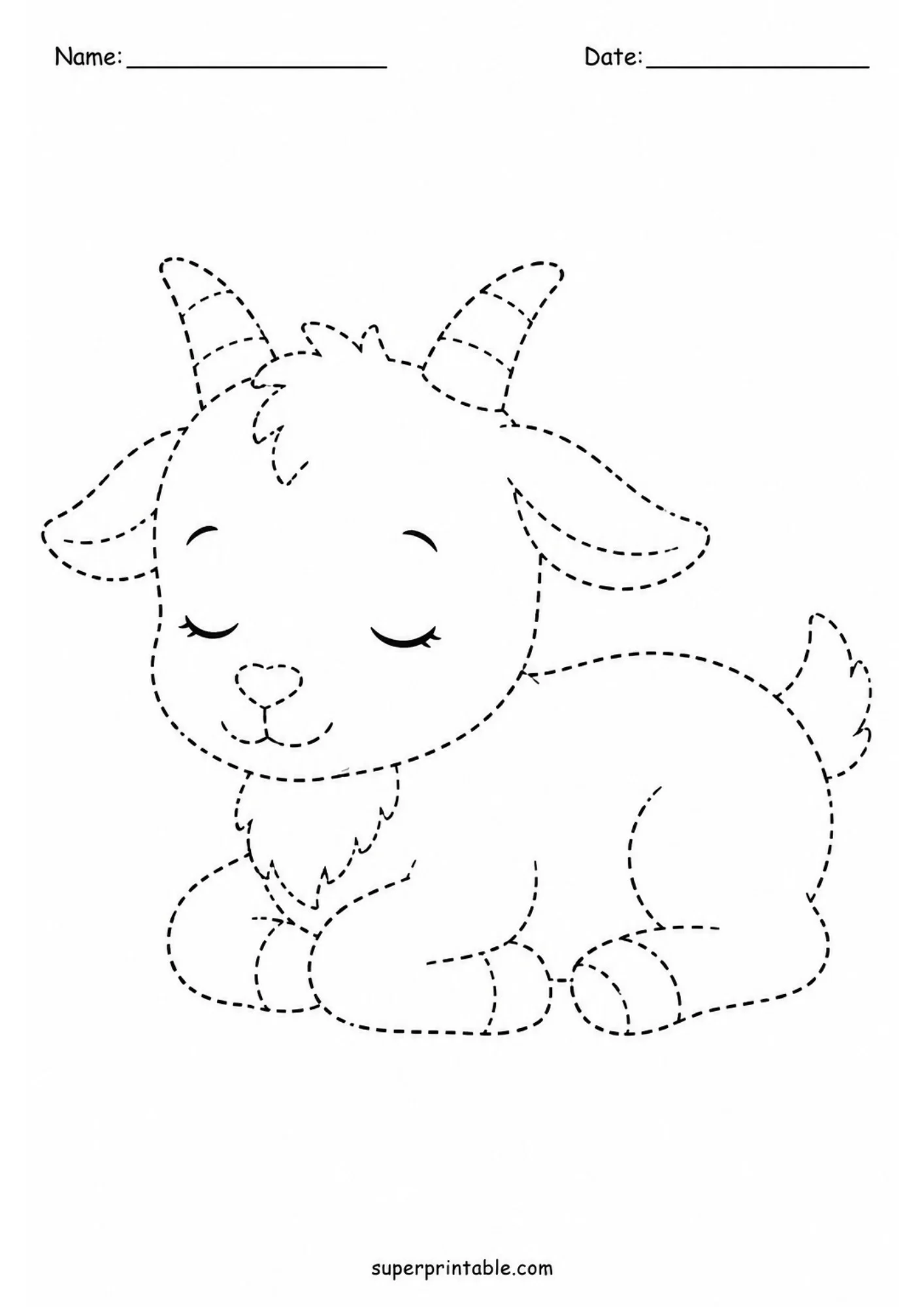Printable line art tracing sheet displaying a peaceful sleeping baby goat resting with closed eyes and dashed tracing lines.