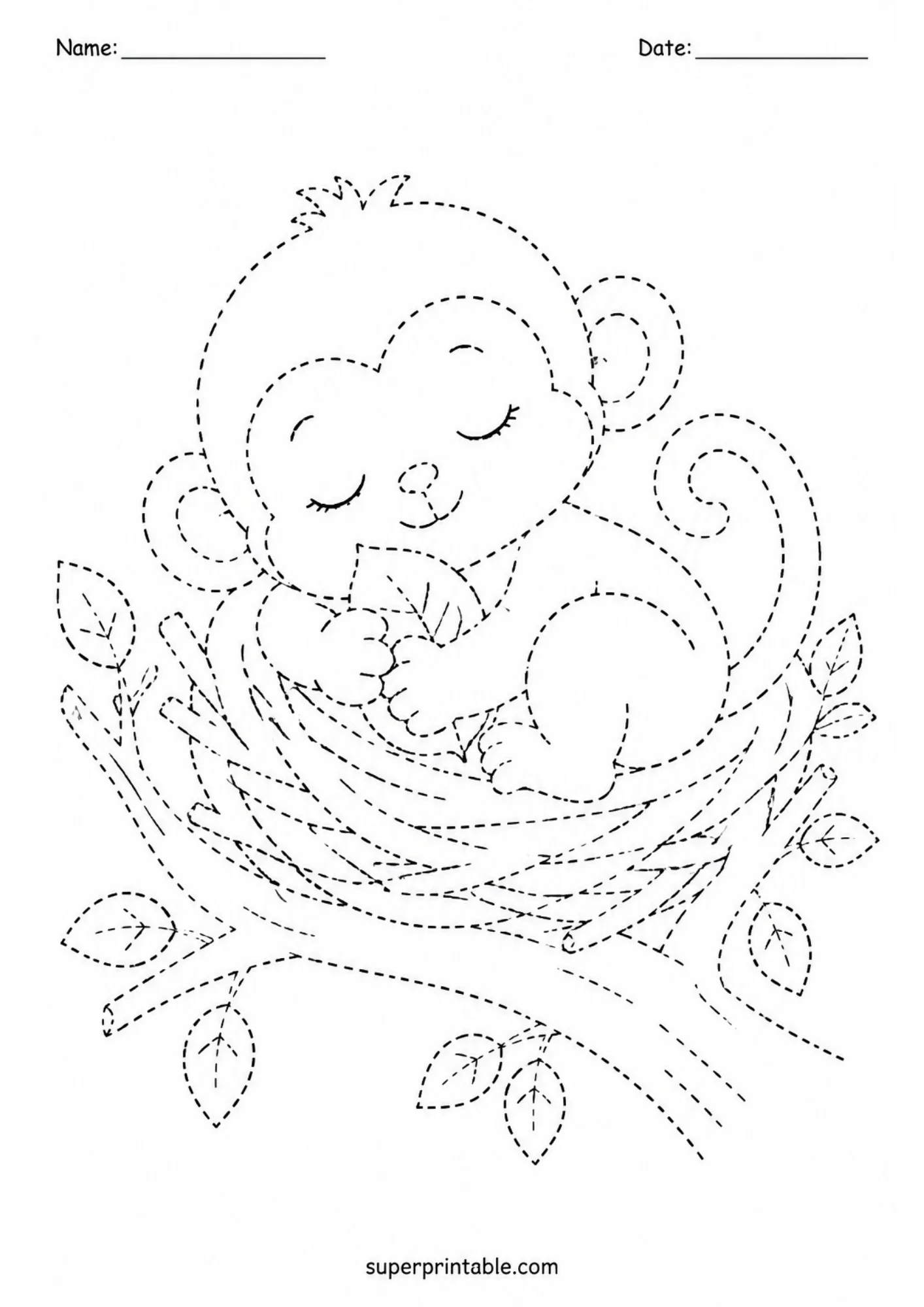 Black and white dashed line worksheet displaying a sleeping baby monkey curled up inside a woven nest on a tree branch holding a leaf.