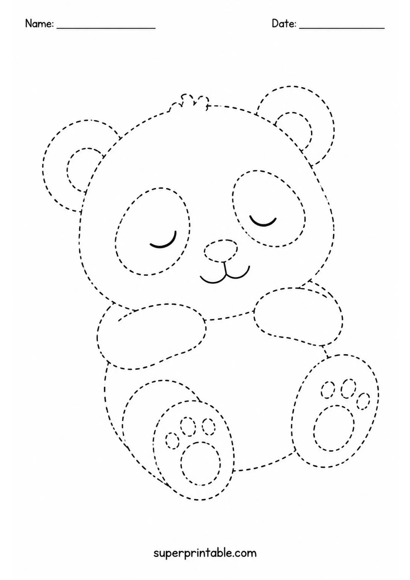 Black dashed line tracing activity sheet depicting a sleeping panda cub lying down with closed eyes and visible paw pads.