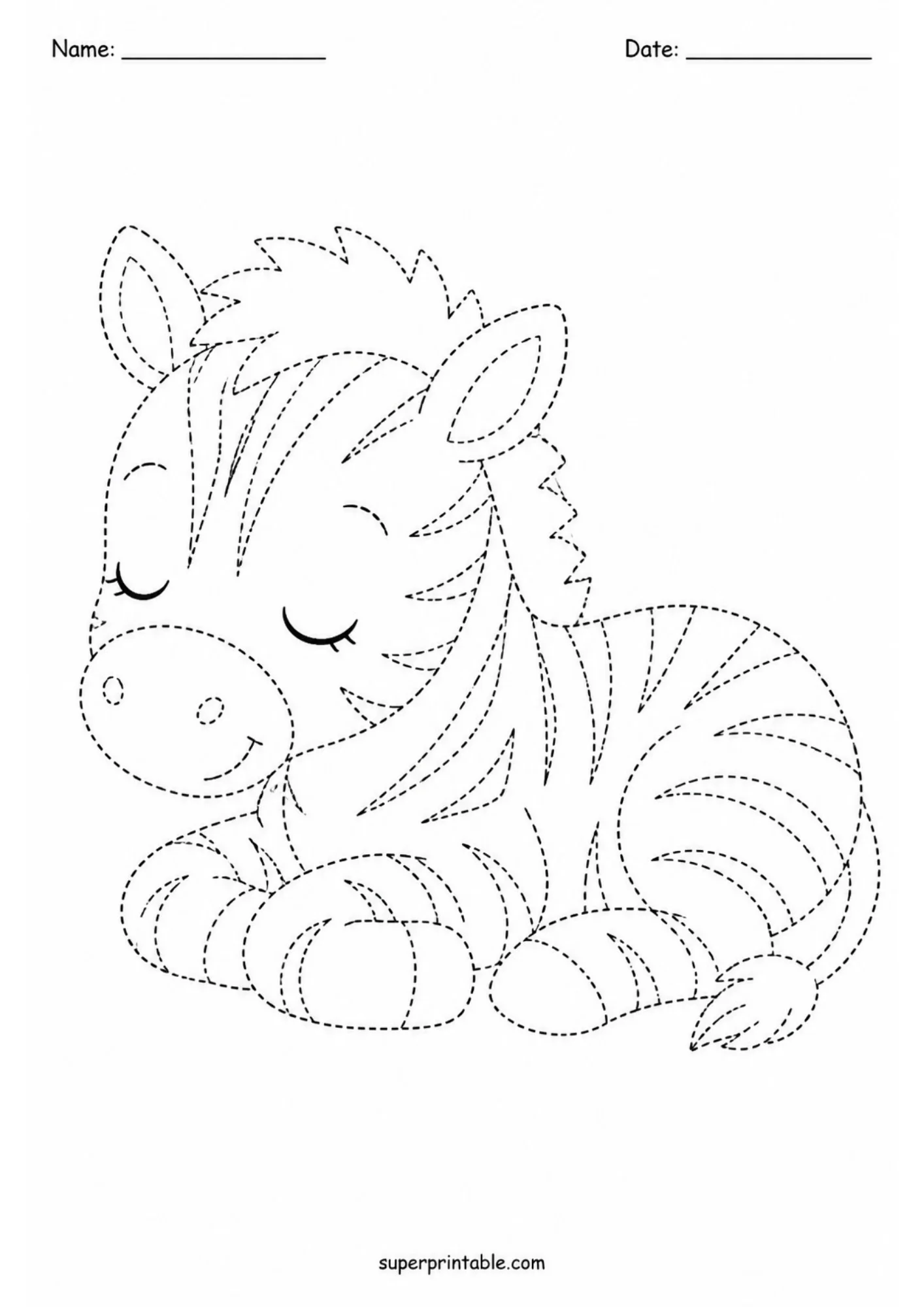 Printable line art tracing page of a cute sleeping baby zebra foal lying down with closed eyes, featuring dashed outline body lines and stripes with Name and Date header.