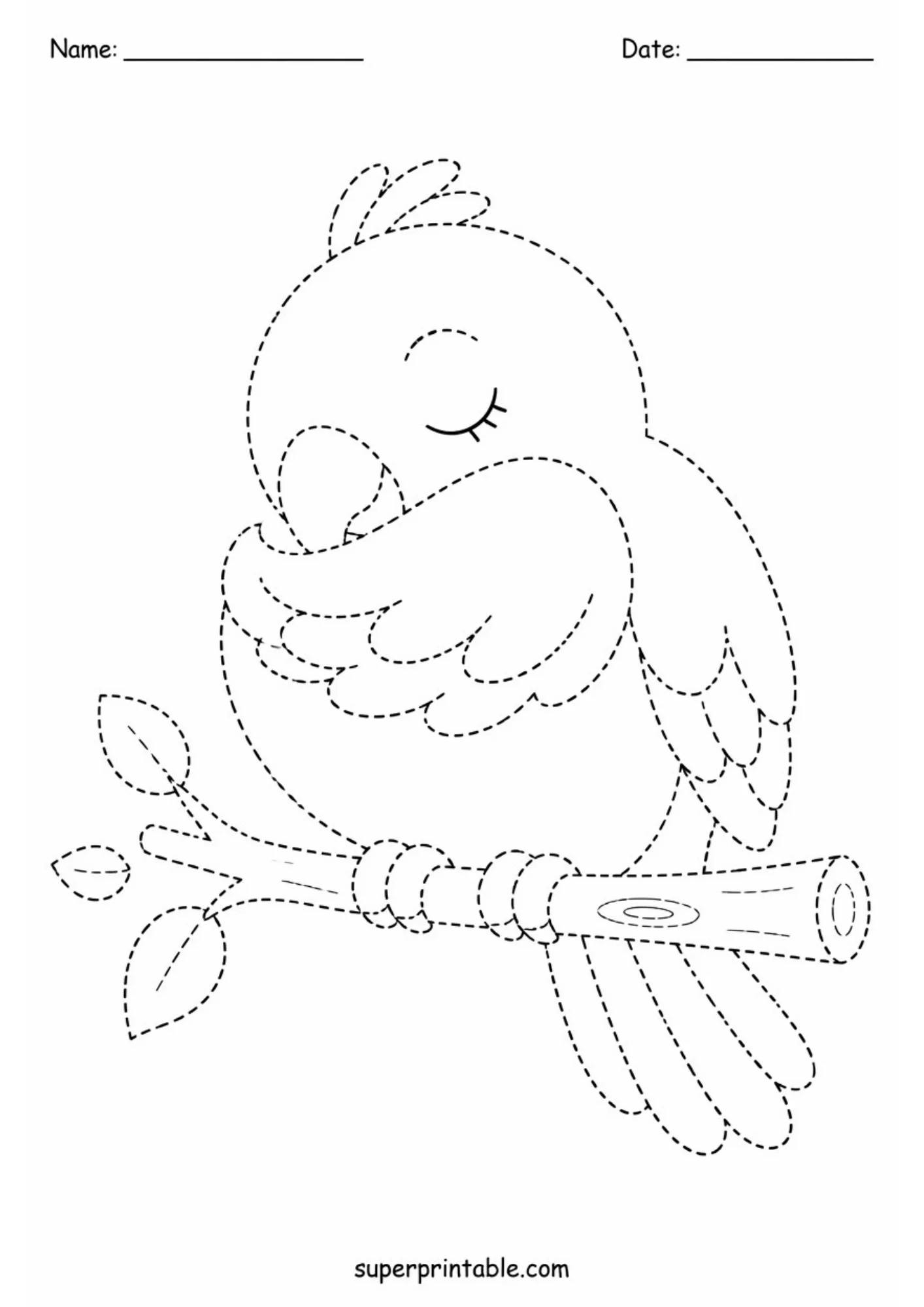 Printable tracing worksheet featuring a sleeping cartoon parrot with closed eyes and beak tucked against its wing while resting on a leafy branch in dotted outlines.