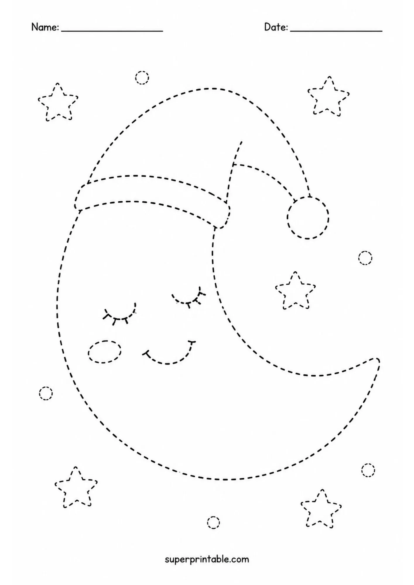 Black and white line art tracing sheet displaying a sleeping crescent moon with a nightcap surrounded by stars.