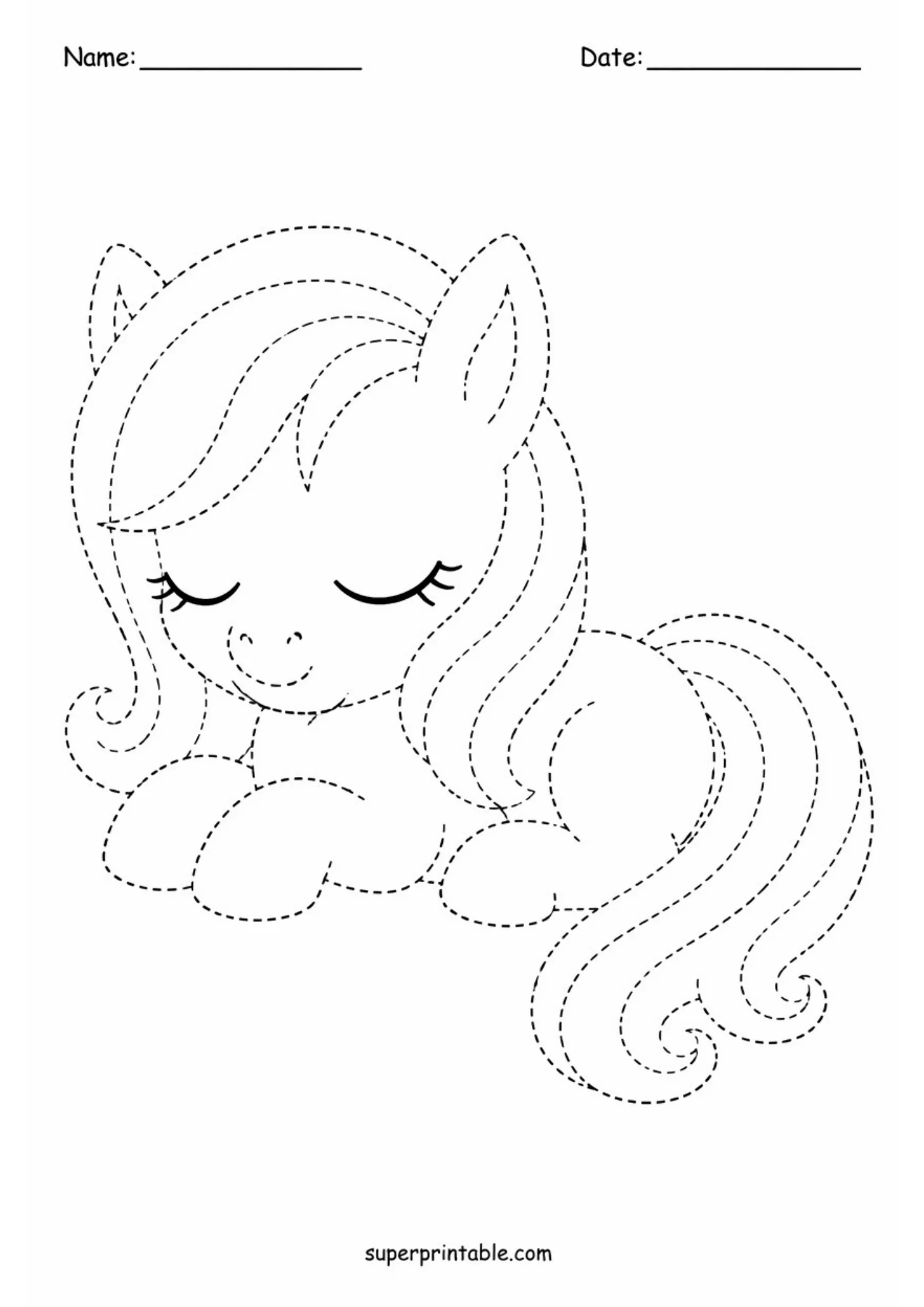 Black line art tracing worksheet illustrating a peaceful sleeping pony lying down with closed eyes and tucked hooves in dotted outline style.