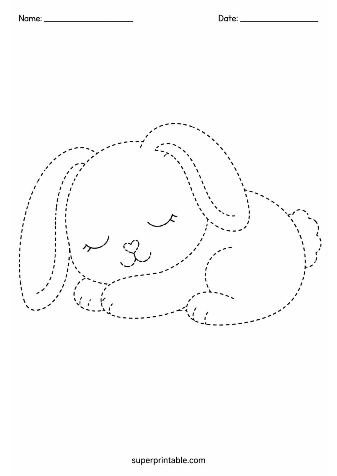 Black and white dashed line tracing printable featuring a peaceful sleeping bunny curled up on the floor with closed eyes and drooping ears.