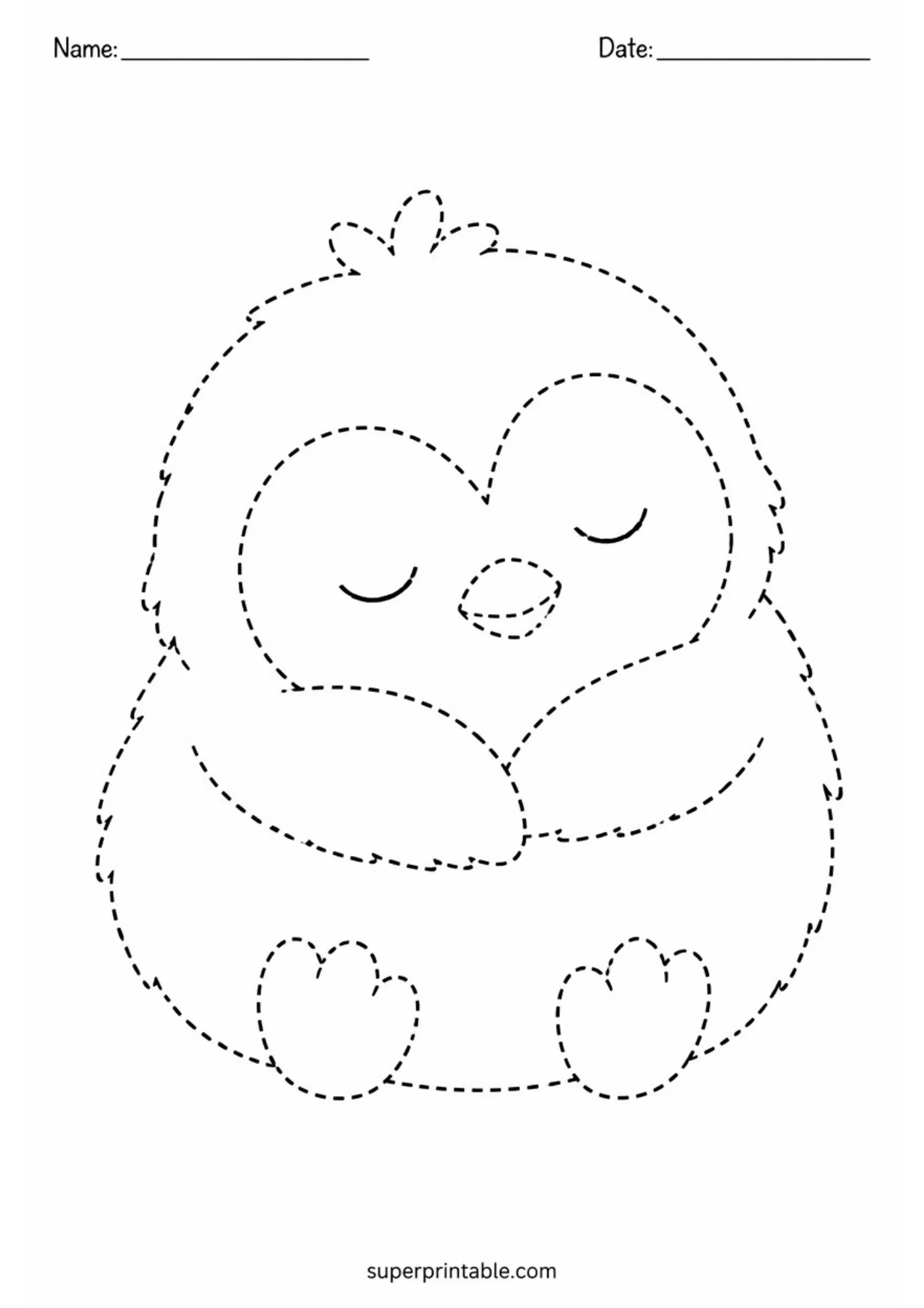 Printable fine motor activity page showing a fluffy sleeping penguin chick with closed eyes, feather outline texture, and folded flippers drawn in dashed lines.