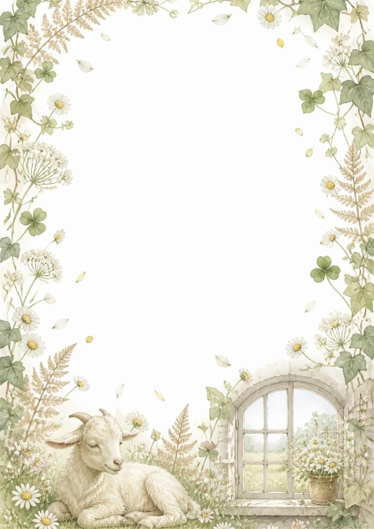 A sleeping goat kid rests beside an arched stone window framed by green ivy.