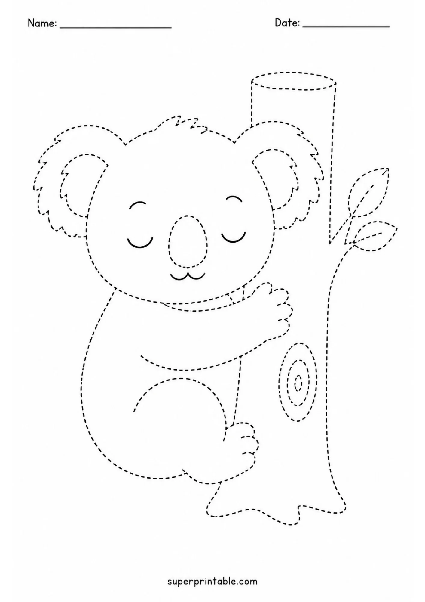 Printable black dashed line art tracing worksheet featuring a sleeping koala bear hugging a vertical tree trunk with sprouting eucalyptus leaves.